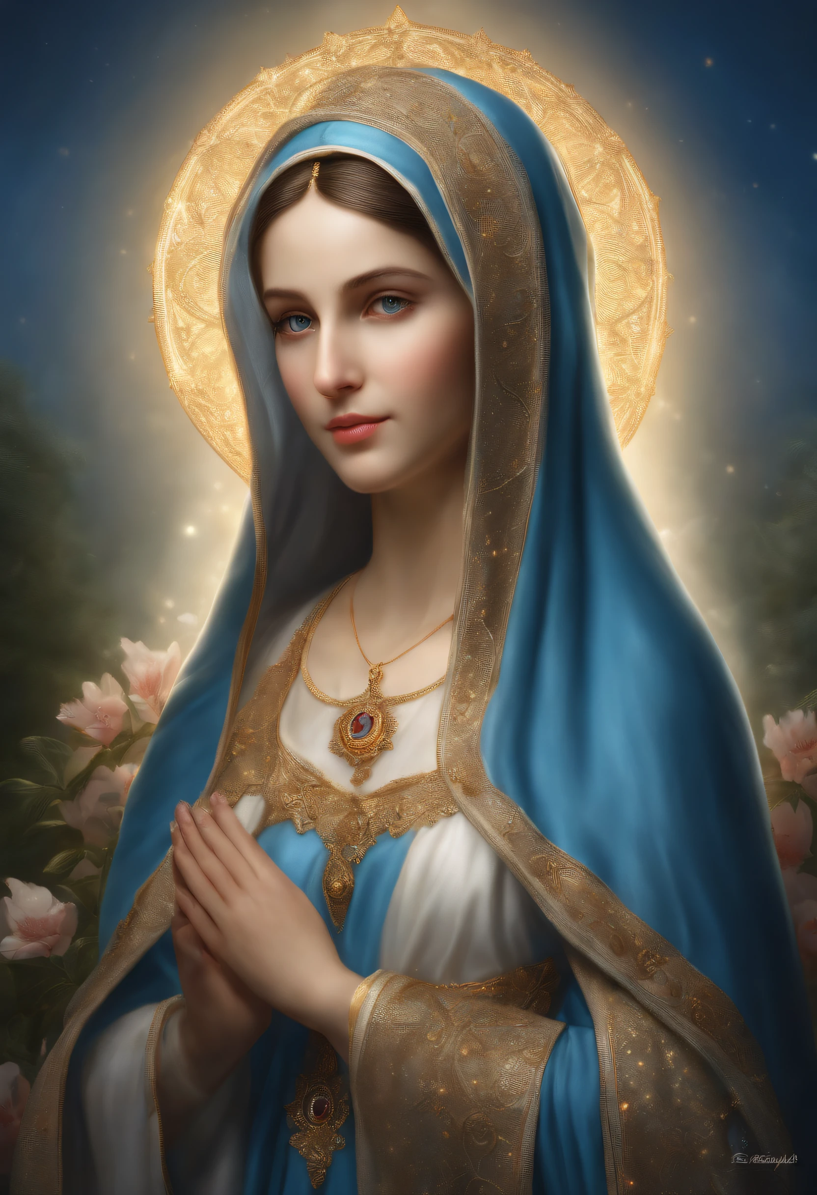 (Holy virgin mary of LOURDES))) Masterpiece, (Best quality: 1.2), (Super fine: 1.2), Illustration, (Extremely delicate and beautiful: 1.2), Film angle, Floating, (Beautiful detail eye: 1.1), (Detail Light: 1.1), Film lights, Delicate sky, Blue eyes, (High ponytail: 1.1), Layer, Bright eyes, Starry sky, (Light particles: 1.1) drawing, blossom. (masterpiece), (best quality), (photorealistic:1.3), 8k, detailed skin texture, detailed cloth texture, beautiful detailed face, intricate details, ultra detailed (full-length body:1.2)
