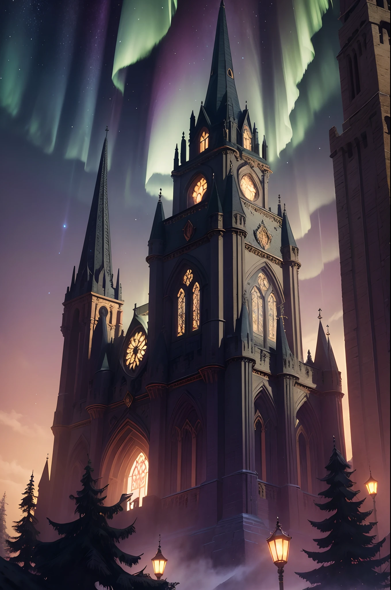 Mystical, Enchanting:0.9, (ancient castle)1.3 Perched on a cliff, Towering spire with glowing windows, Silhouette of (sorcerer)1.2, Cloak swirl, Radiating staff at (Arcane Energy)1.4 in hand, Swirling magic symbols:1.One around him, Em primeiro plano (mystical creatures)1.0 Like Griffin or Phoenix, a backdrop of (twilight sky)1.Three stripes of aurora borealis and stars, Old parchment texture:1.2, Ornate golden border, Embossed Gothic font title, Adventurous spirit and ancient power, A balanced composition that looks to the epicenter of magic.
