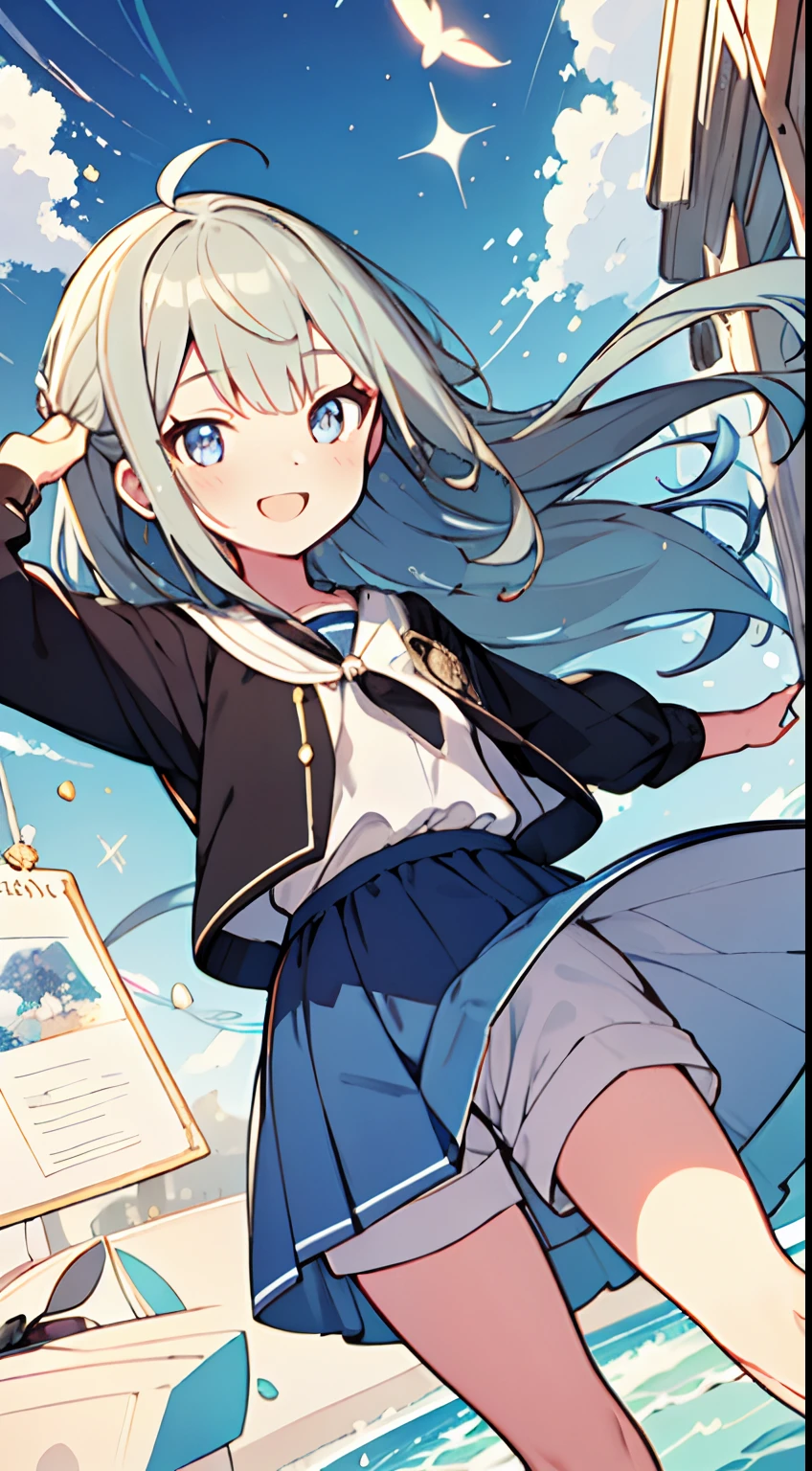 masutepiece, Best Quality,Illustration, Wallpaper, ultra -detail, Absurd beauty, 1beautiful girl、Big eyes with sparkly、Hair fluttering in the wind、XD、Smaller head、miscievous smile、Angle looking up from below
