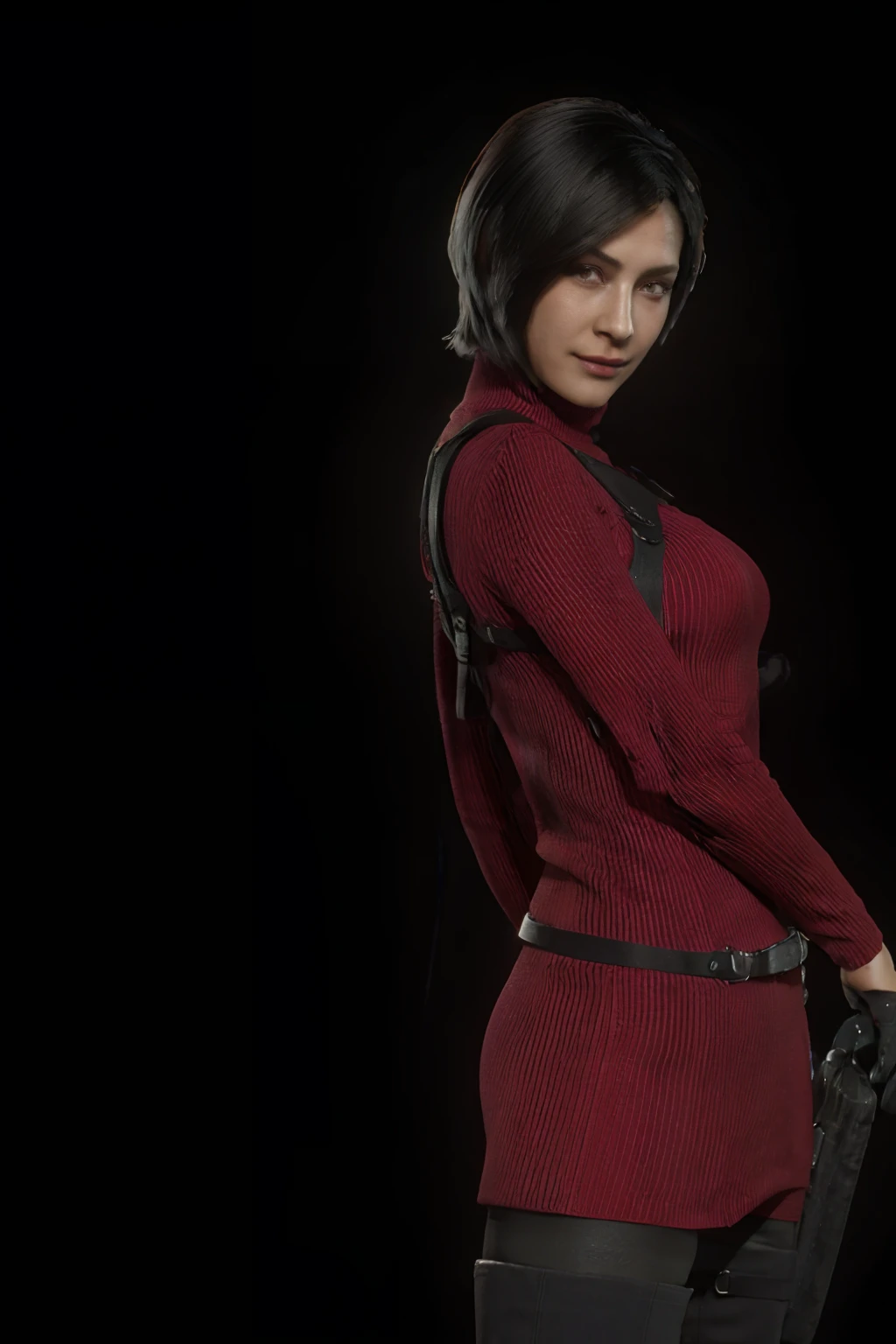 1 girl, solamente, Ada Wong de Resident Evil 4 Remake, pelo corto, cabello negro, Red Sweater Turtleneck Dress, Drees de manga larga, Tight black pants, seno, Muslos, Traseros, black heels, cara de Adriana, Visor mirando, sonrisa tortuosa, Pistola colgando de su cintura, La mejor calidad, High resolution:1.2, Pueblo del siglo 18 en el fondo, Sombras, Nightime, Luz de la luna, Disparo en la parte superior del cuerpo, low camera angle, Profundidad de campo, Enfoque central