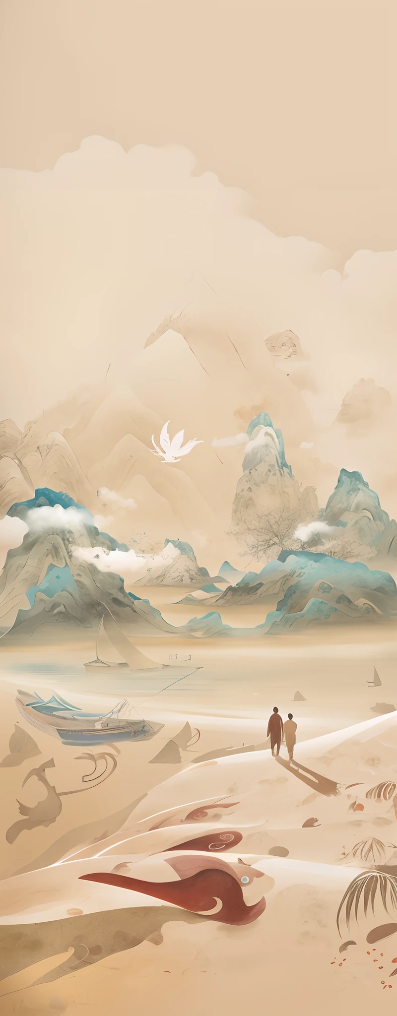 Draw two people walking on the beach，There is a boat on board in the water, Inspired by Ma Yuan, A beautiful artwork illustration, Onmyoji detailed art, Detailed scenery —width 672, dreamlike digital painting, Chinese landscape, background artwork, avatar landscape, landscape artwork, Chinese watercolor style, Sand desert fantasy, serene illustration