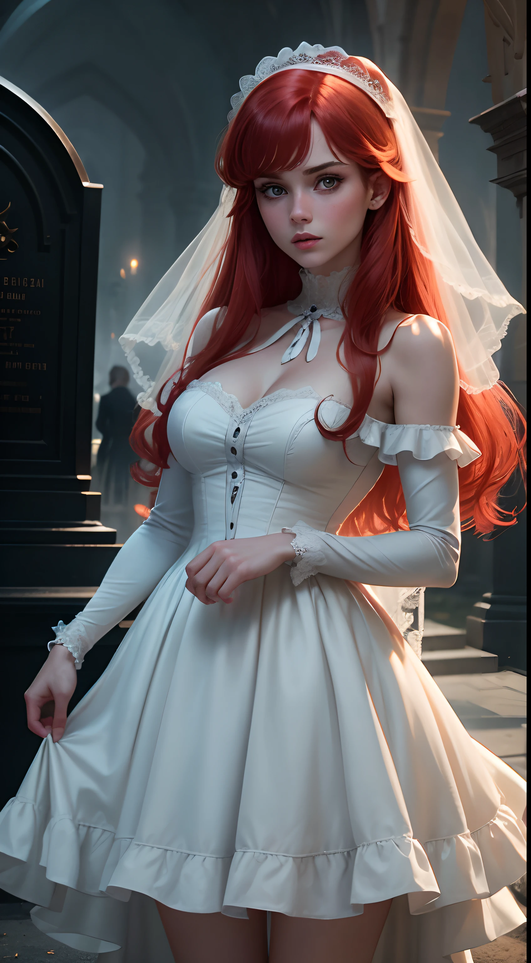 Movie footage of Mario Bava's horror movie, Full Medium Close-up, Gorgeous 18-year-old woman resembling Bella Thorne, long red hair, soft pale skin, Pretty and young々Shishi Face, Well-defined eyebrows, Light blue eyes, delicate nose, plump round lips, thin and long legs,White high heels,Walk through the Gothic cemetery at night in a white wedding middle dress, Foggy and rainy conditions, Ghostly atmosphere, 1600s, (high skin detail: 1.2), Ultra-detailed, Photorealsitic, depth of fields, Cinematic lighting, IMAX Camera, nffsw, nffsw, Full-HD, 8K