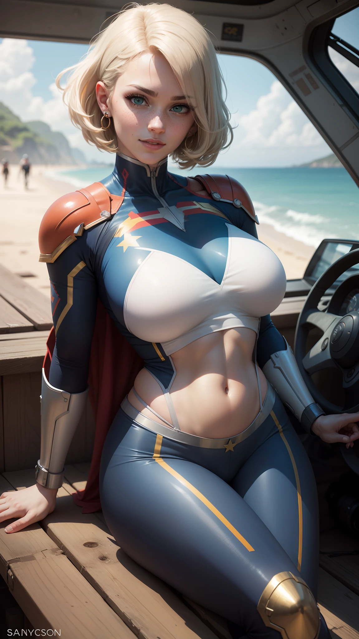 gwen tennyson,powergirl,captain marvel, tracer,atelier ryza,overwatch,close up, mecha pilot,ocean view,tattoos,orange and silver plugsuit,white short sleeve lycra top,steel cargo pants,uncovered belly,short saiyan hair,cute makeup,green eyes,dimensional golden hair,shy smile,freckles,beautiful girl,large breasts,8k,ultra detailed,realistic,fantasy art,saiyan armor,cyborg armor,steel armor,harbor shore,military uniform,ear piercings,hair pin,super saiyan girl,saiyan female,