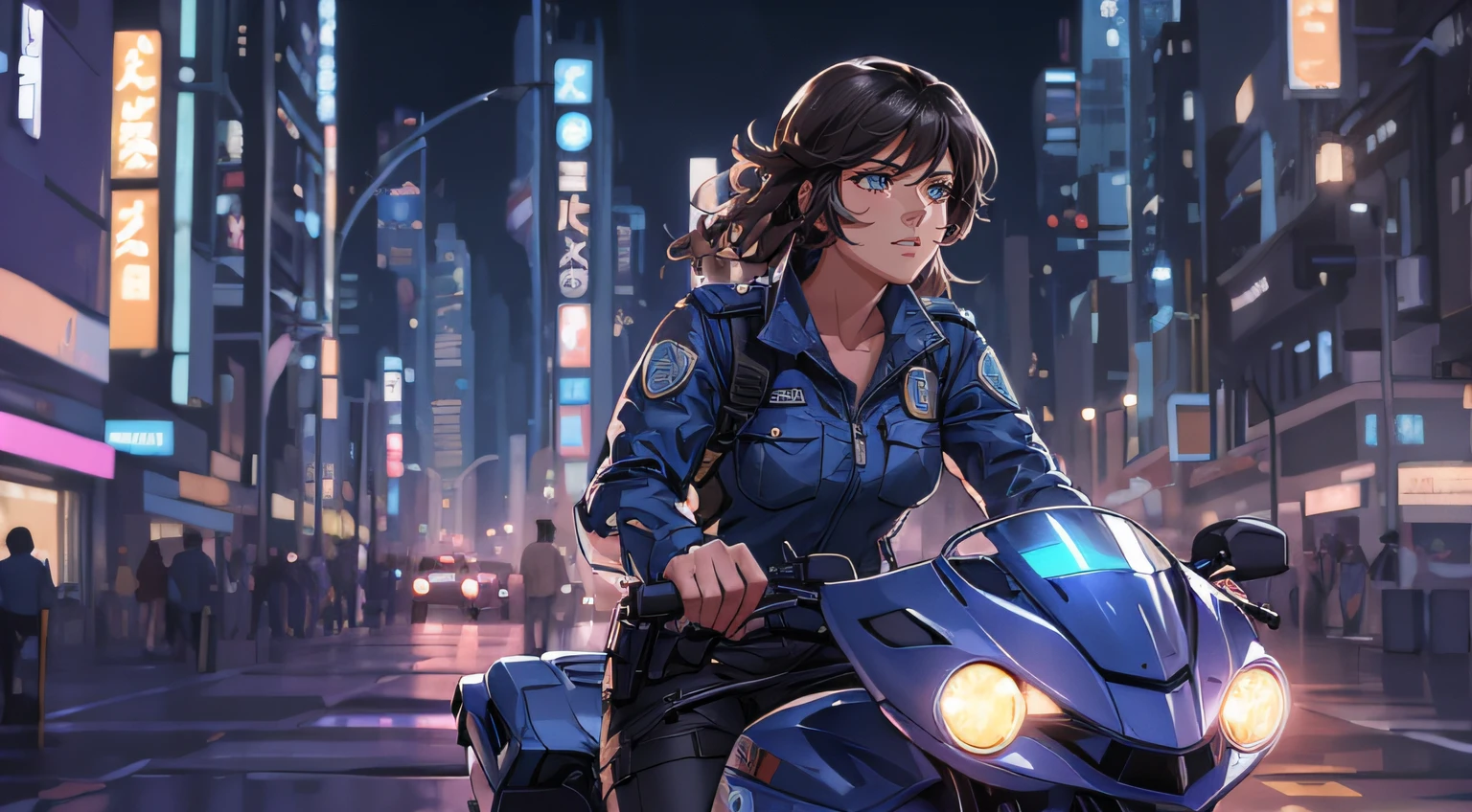 A detailed image of a police woman who is vigilant and riding her bike in a futuristic city at night, hand draw, vector style, high resolution, high definition, world illumination, 2d anime style