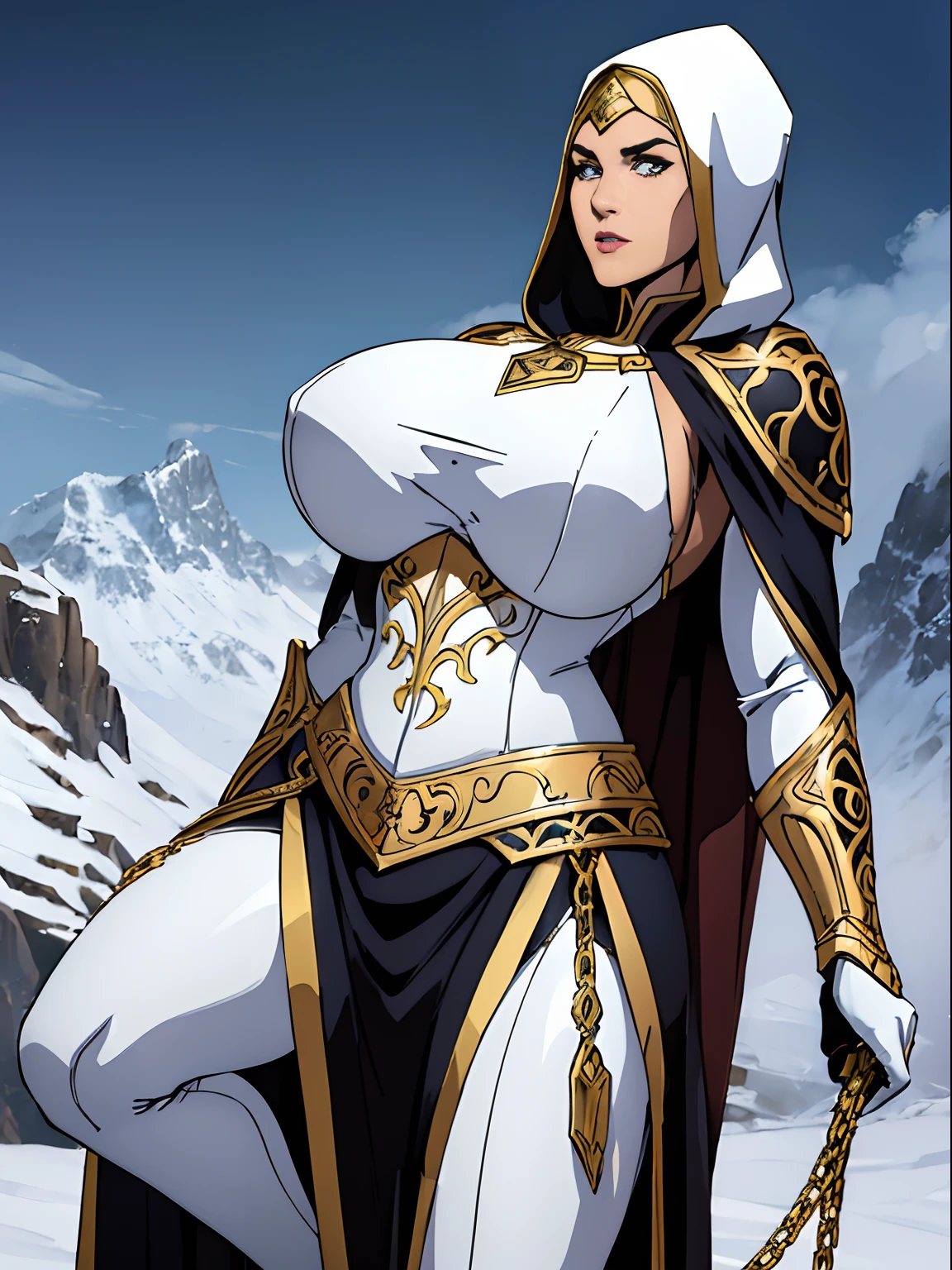 (masterpiece, top quality, best quality, official art, beautiful and aesthetic:1.2), (1girl:1.3), light freckles, fair skin, extremely detailed, portrait, looking at viewer, solo, (full body:0.6), detailed background, close up, (warm grasslands theme:1.1), holy paladin knight, charlatan, smirk, mysterious, swaying in mountains, modest attire, ((((ornate white and gold armor)))), cowl, nun hood, wimple, boob armor, cowl, robe, chain mail, chainmail, leggings, chainmail leggings, chain mail leggings, breastplate, tabard, gorget, hood, pauldrons, greaves, armored, long boots, longsword, shield, cape, cloak, pearlescent metal, white fabric, pale leather, ((((gigantic breasts)))), slim waist, slim hips, long legs, medieval (mountain exterior:1.1) background, dark mysterious lighting, shadows, magical atmosphere, dutch angle,