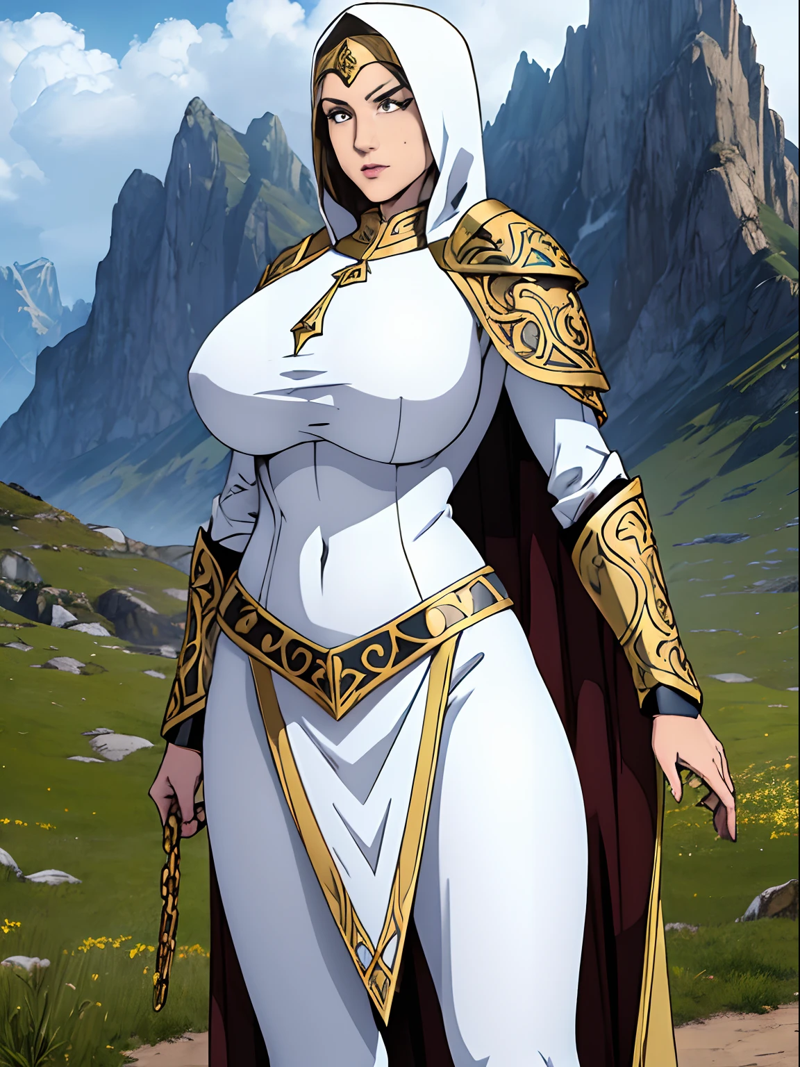 (masterpiece, top quality, best quality, official art, beautiful and aesthetic:1.2), (1girl:1.3), light freckles, fair skin, extremely detailed, portrait, looking at viewer, solo, (full body:0.6), detailed background, close up, (warm grasslands theme:1.1), holy paladin knight, charlatan, smirk, mysterious, swaying in mountains, modest attire, ((((ornate white and gold armor)))), cowl, nun hood, wimple, boob armor, cowl, robe, chain mail, chainmail, leggings, chainmail leggings, chain mail leggings, breastplate, tabard, gorget, hood, pauldrons, greaves, armored, long boots, longsword, shield, cape, cloak, pearlescent metal, white fabric, pale leather, ((((gigantic breasts)))), slim waist, slim hips, long legs, medieval (mountain exterior:1.1) background, dark mysterious lighting, shadows, magical atmosphere, dutch angle,