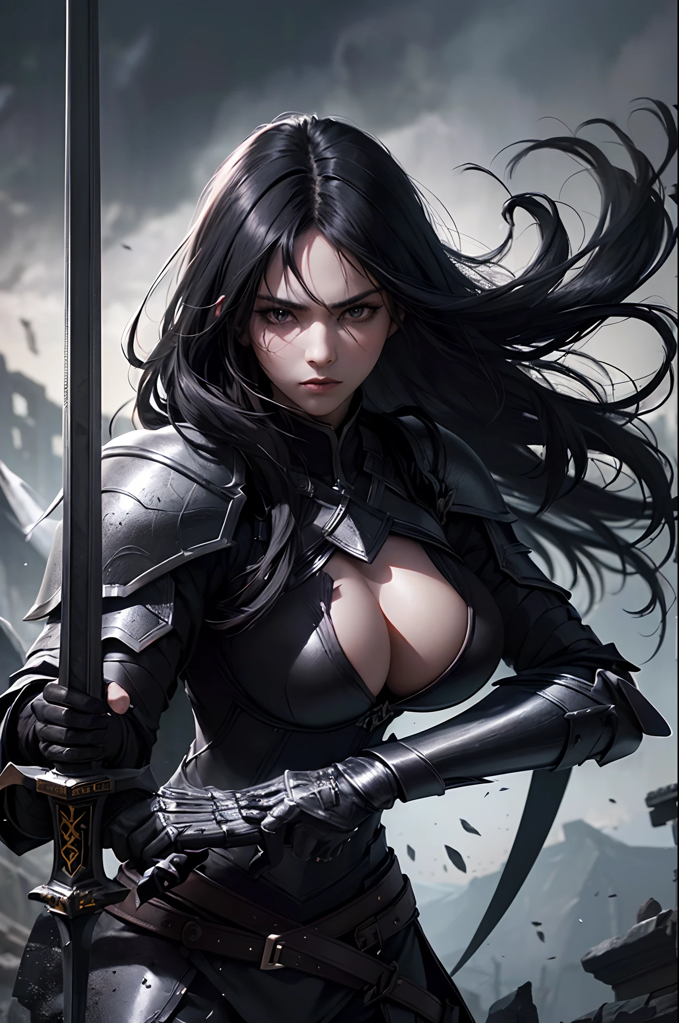 (black long hair,penetrating detailed black eyes,serious expression,big breasts,black large armor,warrior,black swordsman,dark,mysterious,black large sword,dark) ,(best quality,ultra-detailed,sharp focus,professional,bokeh),dark and mysterious lighting.