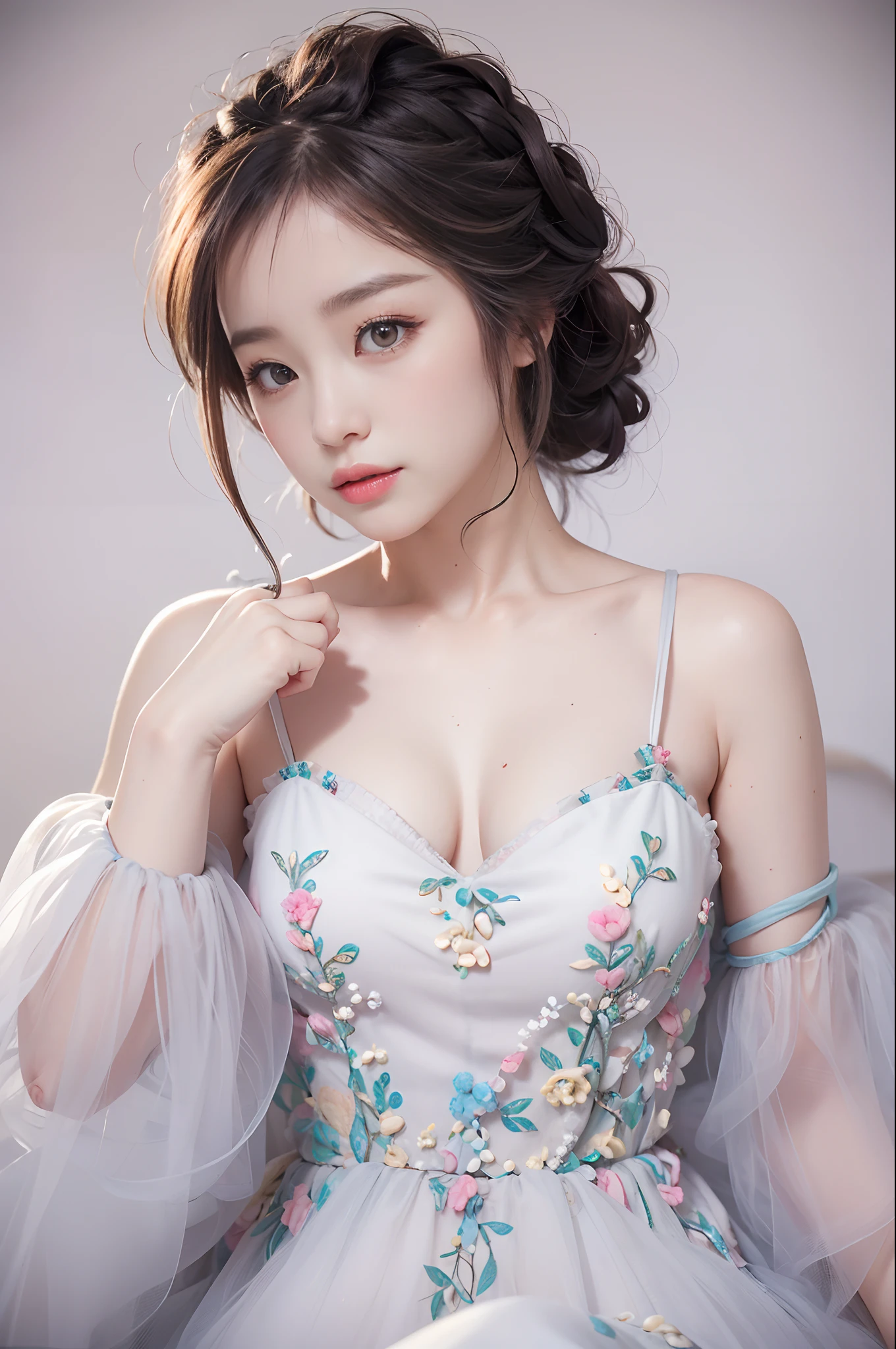 best qualtiy， tmasterpiece， 超高分辨率， realisticlying， 1girll， bshoulders， ssmile， Oversized_Sweater， gentlesoftlighting， Delicate skin， White color hair，(Beautiful breasts)，(A detailed eye)，