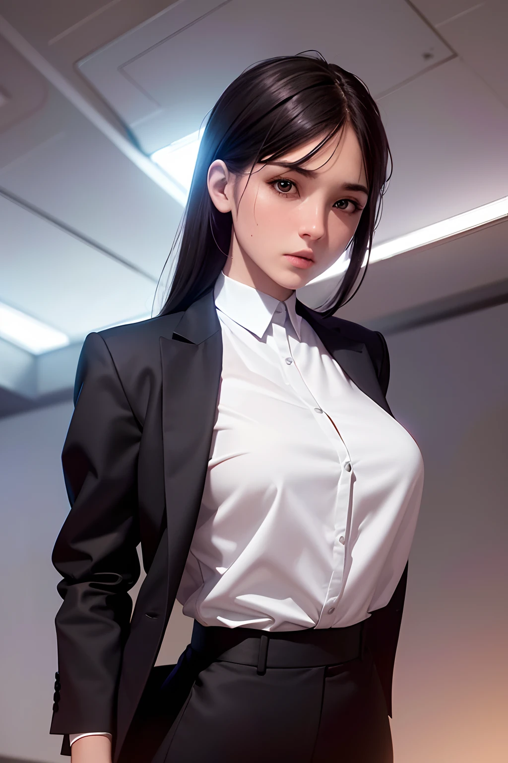 16K, HDR, RTX, raytracing, natural lighting, absurdres, best qaulity masterpiece, perfect ??????? highly detailed face, detailed eyes, 1girl, solo, wearing a business suit, white shirt, top button open, beautiful dark hair, extremely beautiful, edgy, cool, evil aura, windy, glowing eyes, serious expressions, dystopian city, futuristic, detailed background, award winning, neon lights, trending on art station