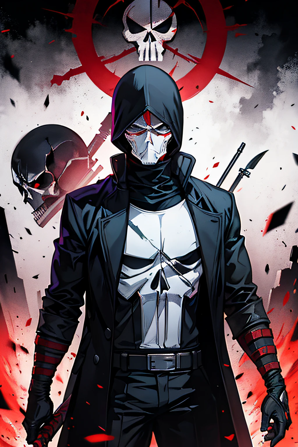 the punisher imagined as a character from the anime bleach wearing the half skull mask.