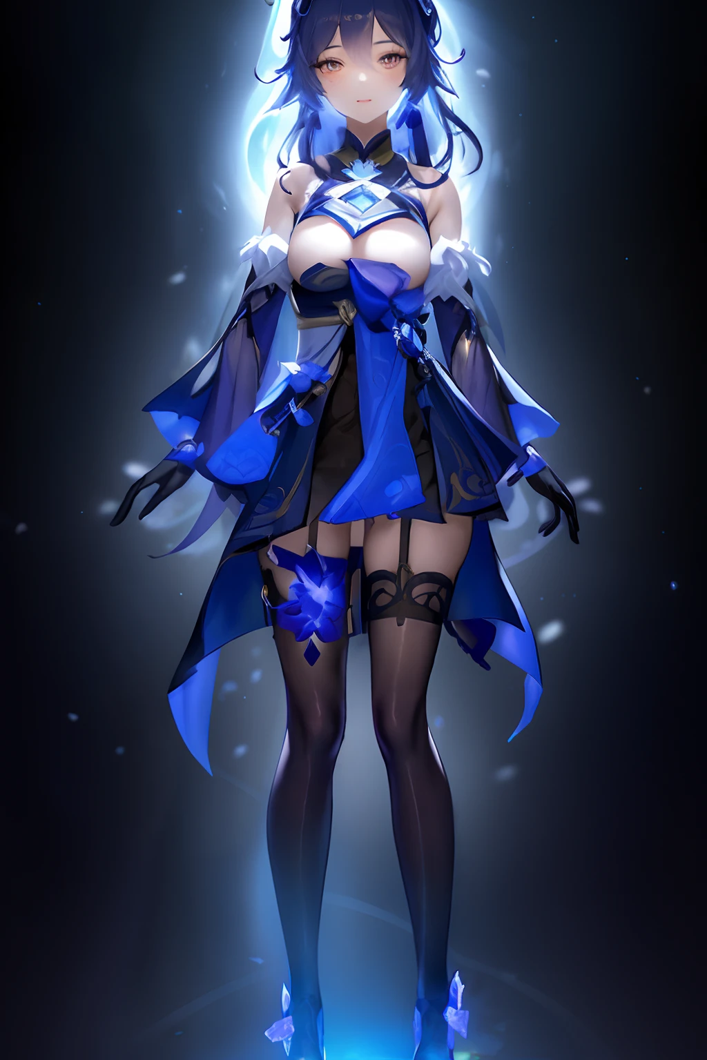 A woman in a blue dress and black stockings stands in the dark, full-body xianxia, lunar themed attire, beautiful full-body concept art, A scene from the《azur lane》videogame, Ayaka Genshin impact, astral witch clothes, Genshin impact's character, Keqing from Genshin Impact, Ross Tran style, Irelia, Guviz