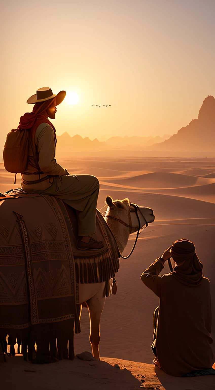 A man sits in front of a camel in the desert, author:Raphael Lacoste, ( ( mads berg ) ), author:Mike Winckelman, author:Alexander Jean, martin raphael lacoste, Beautiful image, city in desert, Middle Eastern style supplier, author:Han Gan, warm beautiful scene, inspired by Raphael Lacoste, Morocco City