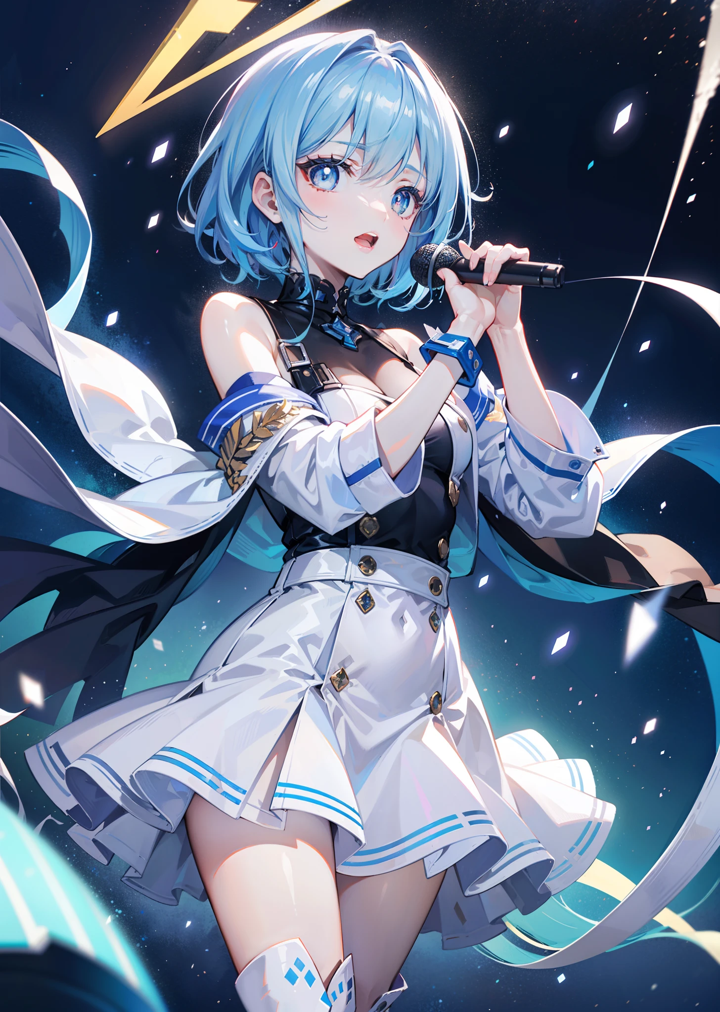 （tmasterpiece,best qualtiy,style of anime,a sense of atmosphere，higher details，cg render，Standing painting，close up, bust up, Ray traching，sci-fy，the ai，Award-Awarded，Divine sense top light)(holographic projections，short hair, light blue hair，hair straight，exquisite facial features，Blue pupil，casual clothing, holding a microphone，singing, White boots, Surrounded by blue particles，Non-juveniles)（The background is a starry sky), azur lane style