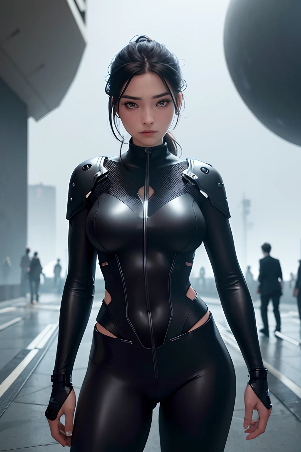 16K, HDR, RTX, raytracing, natural lighting, absurdres, best qaulity masterpiece, perfect anatomy highly detailed face, detailed eyes, 1girl, solo, wearing a business suit, white shirt, top button open, beautiful dark hair, extremely beautiful, edgy, cool, evil aura, windy, glowing eyes, serious expressions, dystopian city, futuristic, detailed background, award winning, neon lights, trending on art station