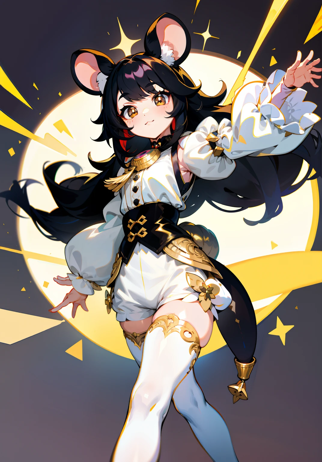 genshin game style, 1GIRL, Character design sheet of a girl, finely detailed, (best quality), (intricate details), multicolored, mouse girl , mouse tail, big mouse ears, ((long length black hair)), best quality, ((long sleeve puffy sleeve shirt)), ((puffy shorts)), ((white clothes with gold accents)), ((white ruff collar)), ((wears thigh high socks)), ((round eyes)), beautiful face, innocent face, pinup, perfect face, twinkle background