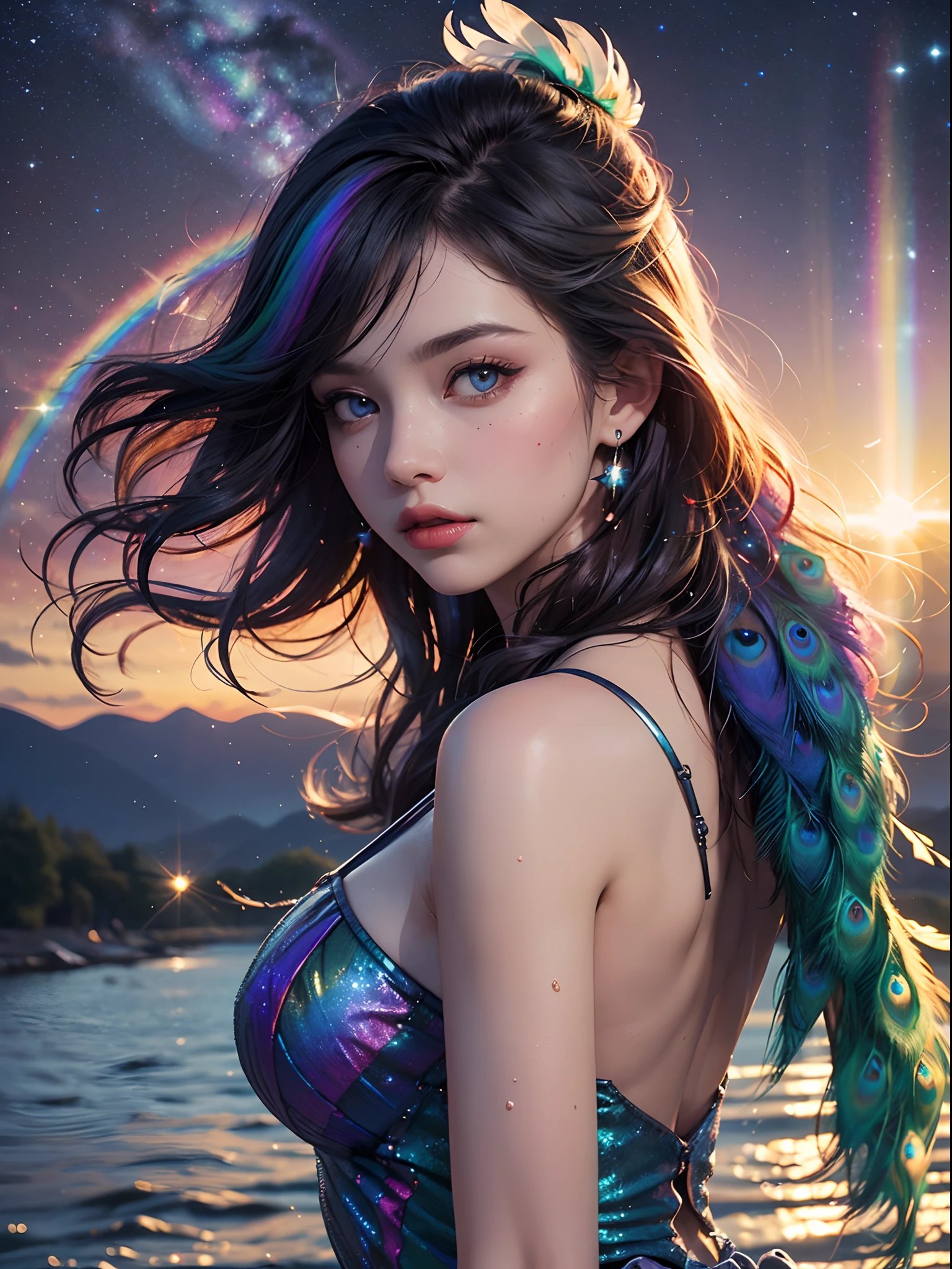 Unbeatable masterpiece, Ultra photo realsisim , Perfect artwork , Intricate details , Best quality , Strong light , High contrast , Dynamic pose , Dutch angle , (Blurry, Depth of field, blurryforeground:1.35),strong rimlight , fine detailed beautiful eyes , (Cold light) , (Starry sky:1.1) ,(Night:1.1) , (paint effects:1.3) , ((Lots of galaxies+Rainbow-colored feathers):1.3) , (Mix rainbow colors) ,Flowing , (Melted , splashed ink) (1 peacock:1.2) , Rainbow hair , cute face , full bodyesbian , Hair flowers , art-deco , (Heterochromatic:1.2) , (From the side Side:1.2) Irridescent color(Lots of feathers:1.3) , (Starlight,Sunset , Lens flare:1.25) ,