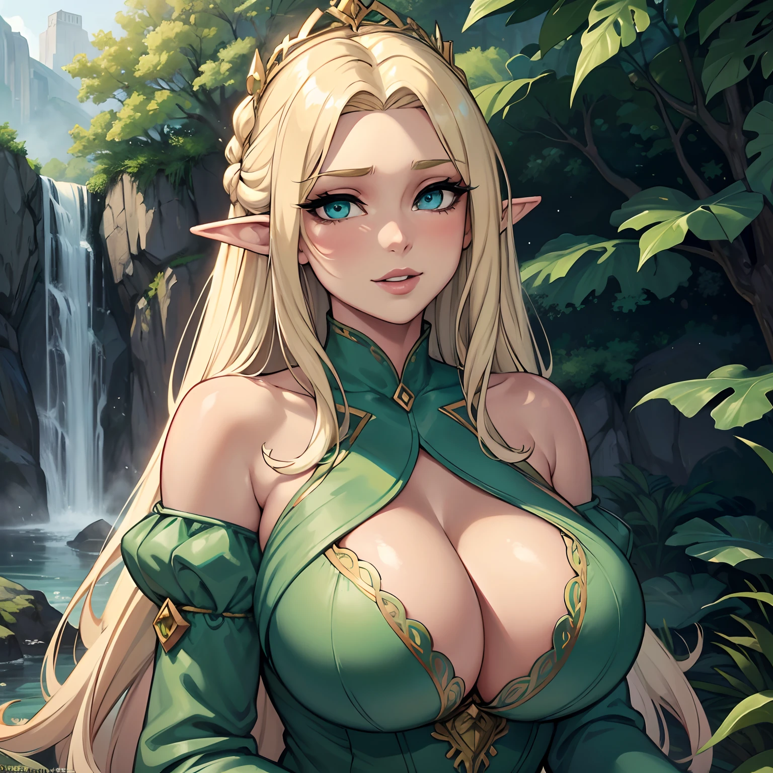(best quality,4k,8k,highres,masterpiece:1.2),ultra-detailed,(realistic,photorealistic,photo-realistic:1.37),elf girl with long blonde hair wearing a green dress and having mesmerizing blue eyes,wisps of curly hair gently caressing her face,fair porcelain skin glowing with a soft ethereal sheen,delicate facial features exuding grace and beauty,natural-looking makeup highlighting her enchanting eyes,thin eyebrows elegantly arched upwards,long and fluttering eyelashes framing her captivating gaze,cheeks adorned with a subtle rosy blush,plump and rosy lips that seem to invite a smile,her eyes reflecting a sense of curiosity and wisdom,a crown of intricate green leaves resting on her flowing locks,green dress adorned with delicate embroidery and sparkling gemstones,flowing sleeves that cascade down her arms,soft and airy fabric gracefully draping around her slender figure,a forest filled with magical creatures serving as the backdrop,sunlight filtering through the vibrant leaves casting a warm and enchanting glow,whispering wind gently rustling the leaves enhancing the ethereal atmosphere,subtle rays of sunlight illuminating her radiant presence, vibrant shades of green and blue harmonizing with her surroundings,evoking a sense of tranquility and magic as if she belongs to a mystical realm, hinting at a story waiting to unfold.