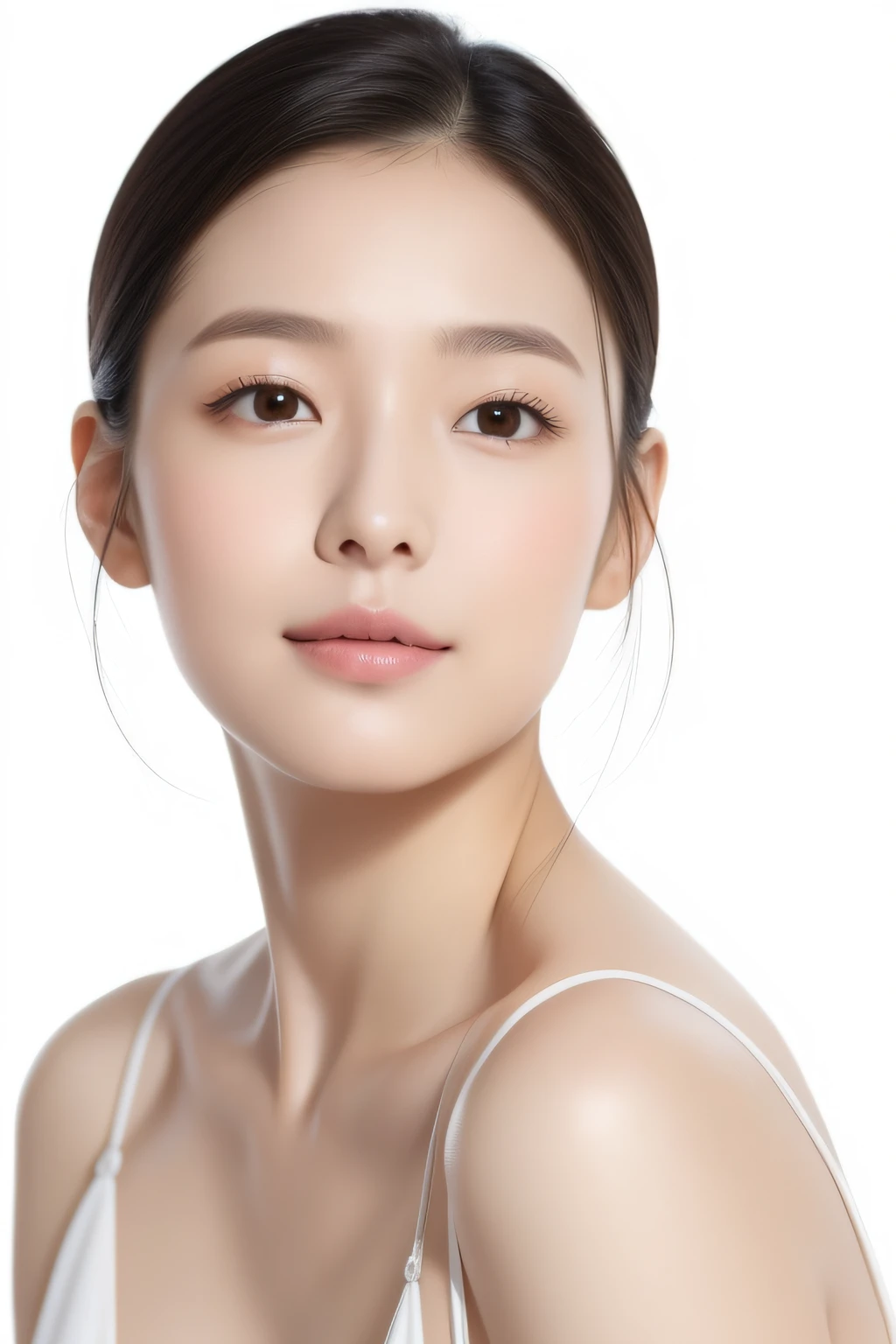 ((masterpiece, Highest quality, High resolution)), 1 Girl, (Realistic: 1.4), alone, White Background, snow-White Background, Mouth closed, Smile, Smile, Beautiful black hair, short hair, Big eyes, Transparent double eyelids, eyelash, Listen carefully, Long neck, Long neck, Absolute area, ((Face close-up)), (Draw the whole head, shoulder), 30 years old, Attractive proportions, Shiny skin, Beautiful collarbone, A face of golden proportions, Perfect Face, Teardrop-shaped moles, Mole on chest, bangs, clean bangs, beautiful bangs, Lip gloss, Thin lips, Pale skin, naked, Small breasts, Small face, Small face, All the heads are painted, shoulder all drawn, Look slightly up and into the camera,smile、