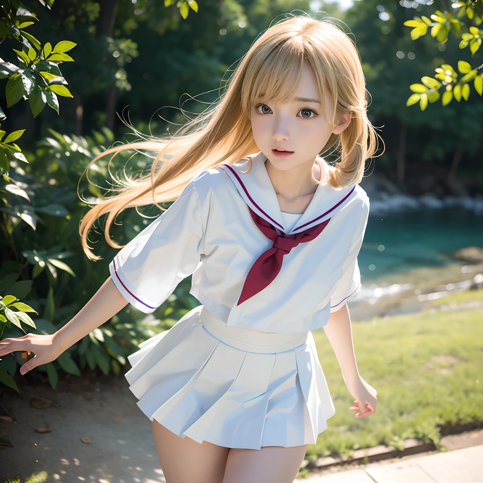 (masutepiece, Best Quality:1.2), 8K, Official art, Raw photo,Photo from the front、High School Albums、Beautiful women、I'm jumping alone、White panties 、Full Bord Bill Four、cute butt、Cute girl s、Skirt flutters、skinny、14yearunbelievable Ridiculous, (Upper body, 校服、No sailor suit:1.4), Beautiful Girl, Pretty Face, arching back down,、a blond、Natural jumps、Sailor Suit, Short sleeve, violaceaess, Teen, Looking at Viewer, Film grain, chromatic abberation, Sharp Focus, face lights, Dynamic lighting, Cinematic lighting, Eyes and faces with detailed, Bokeh background,