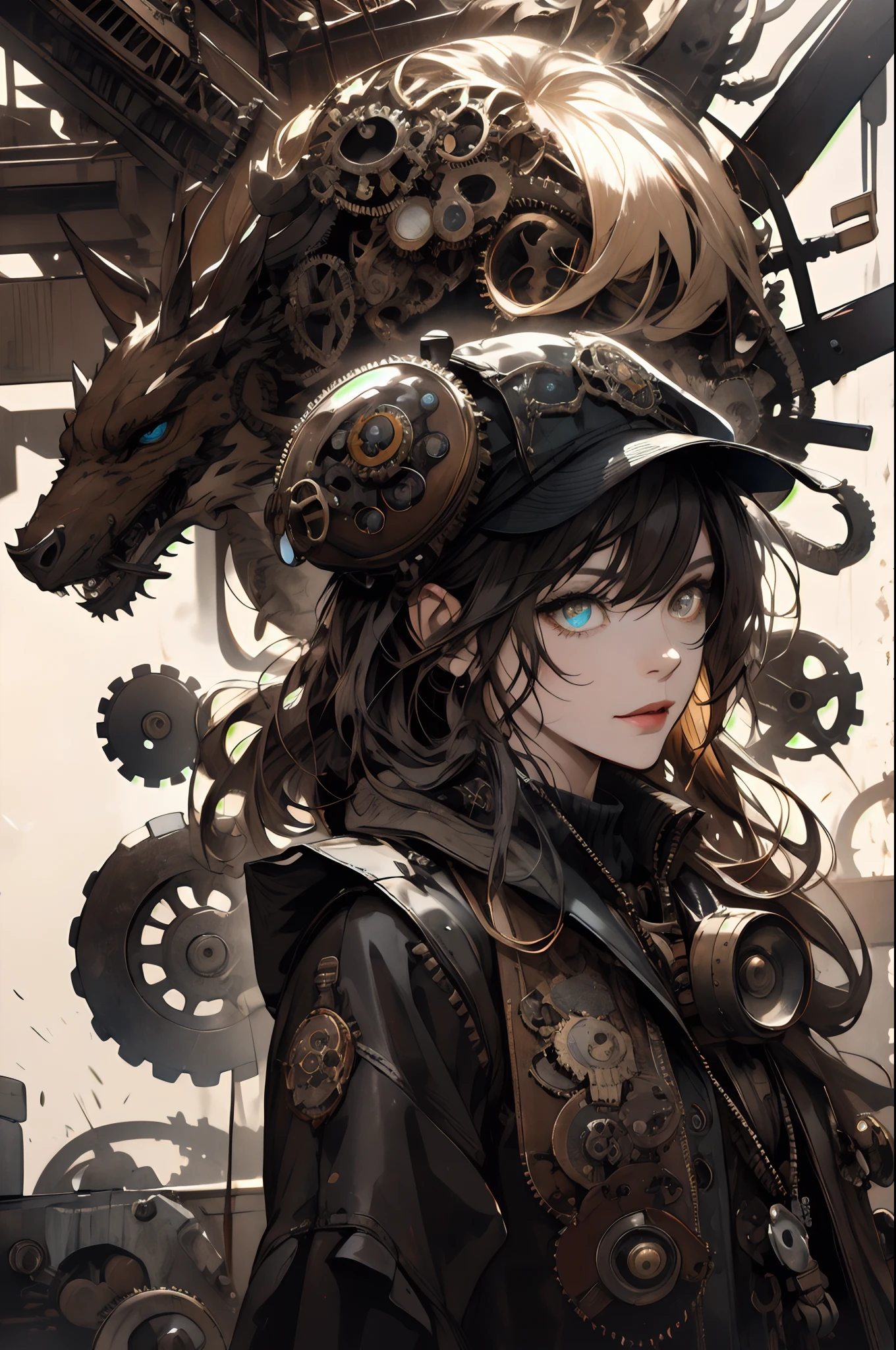 (absurdres, highres, ultra detailed), 1woman, mature female, aged up, wavy long hair, split-color hair, heterochromia, bangs, long sleeves, finely detailed eyes and detailed face, extremely detailed CG unity 8k wallpaper, intricate details, (style-rustmagic:0.8), (medieval cyborg:0.8), portrait, (bloody wounds:0.7), looking at viewer, solo, half shot, detailed background, (steampunk theme:1.1) determined expression, dark couds technomancer, floating lights, color leather vest with gears, techwear, jetpack, workshop in background, machines, gears, steam, industry, technology, furnace, grime, anvil, buttons, levers, automaton, electricity, electric sparks epic atmosphere,, portrait
