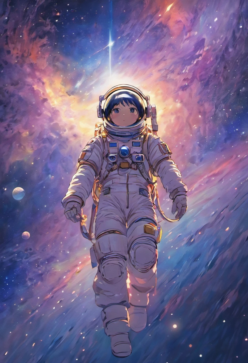 The astronauts wear white spacesuits,Wear a heavy helmet,From the reflector on the helmet, you can see the vastness of the universe。The astronaut's expression was focused and hopeful,His eyes shine through the lenses,Reflect the mesmerizing starry sky and floating planets。
The astronaut stands on the outside of the spacecraft,Turn your back to the earth,The Earth perfectly presents deep blue oceans and clouds,It seems to be the ideal place in the hearts of astronauts。The outline of the earth is clearly visible,Suspended in the background of the universe,It gives a sense of grandeur and magnificence。
Around the astronauts,Star clusters can be seen、NEBULA CLOUDS AND STARS,They dot the picture with subtle and bright colors,A brilliant cosmic scene was formed。The astronaut's arm opened slightly,It is as if embracing the entire universe,It shows his exploration of the unknown and his spirit of adventure。
The whole picture is full of a steady diffusion of artistic style,The delicate color transitions and detailed representations enhance the vastness of the universe and the presence of astronauts。Through a steady diffusion of painting techniques,Astronauts and the universe are one,Convey the power of hope and exploration。