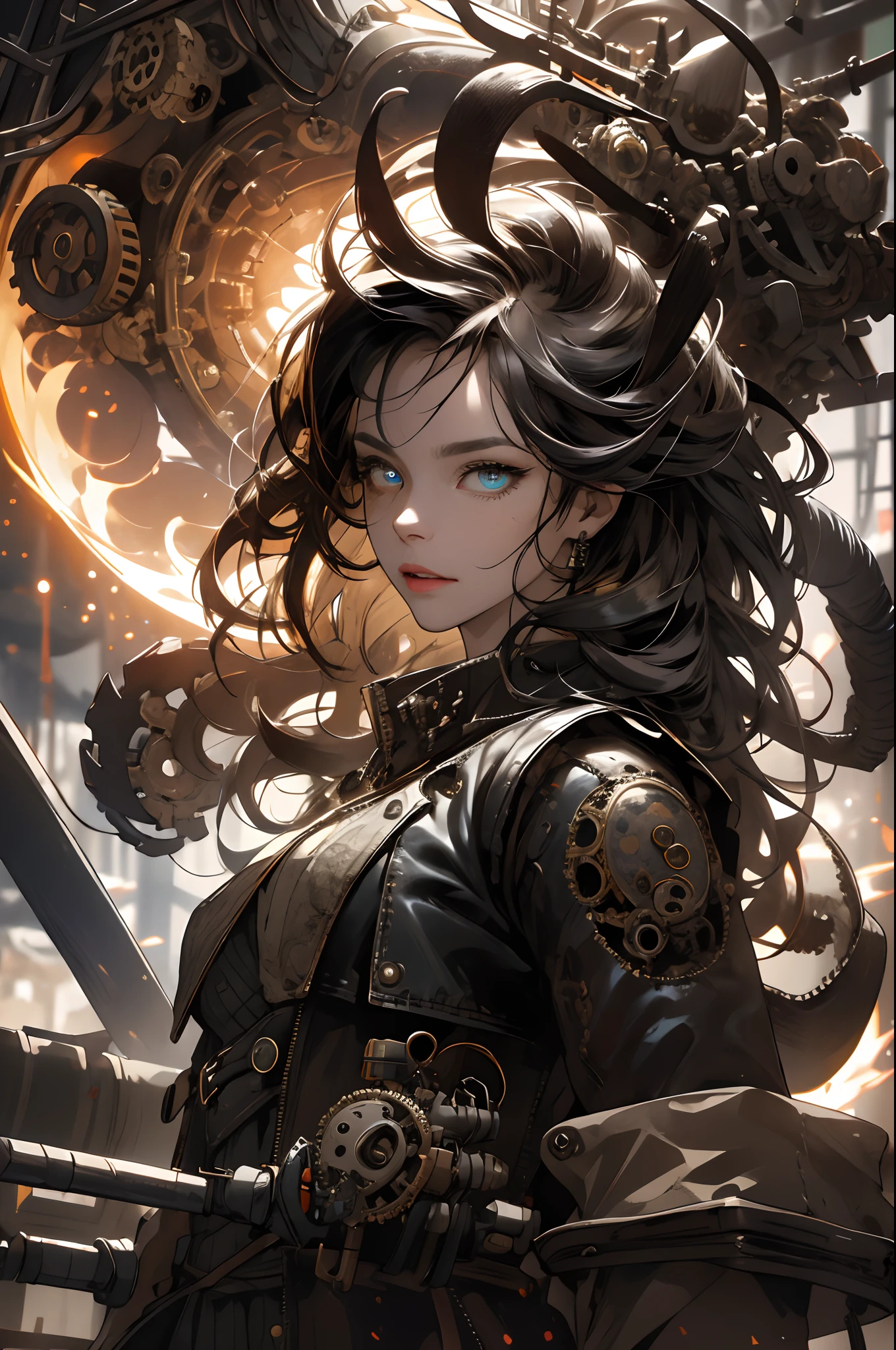 (absurdres, highres, ultra detailed), 1woman, mature female, aged up, wavy long hair, split-color hair, heterochromia, bangs, long sleeves, finely detailed eyes and detailed face, extremely detailed CG unity 8k wallpaper, intricate details, (style-rustmagic:0.8), (medieval cyborg:0.8), portrait, (bloody wounds:0.7), looking at viewer, solo, half shot, detailed background, (steampunk theme:1.1) determined expression, dark couds technomancer, floating lights, color leather vest with gears, techwear, jetpack, workshop in background, machines, gears, steam, industry, technology, furnace, grime, anvil, buttons, levers, automaton, electricity, electric sparks epic atmosphere,, portrait