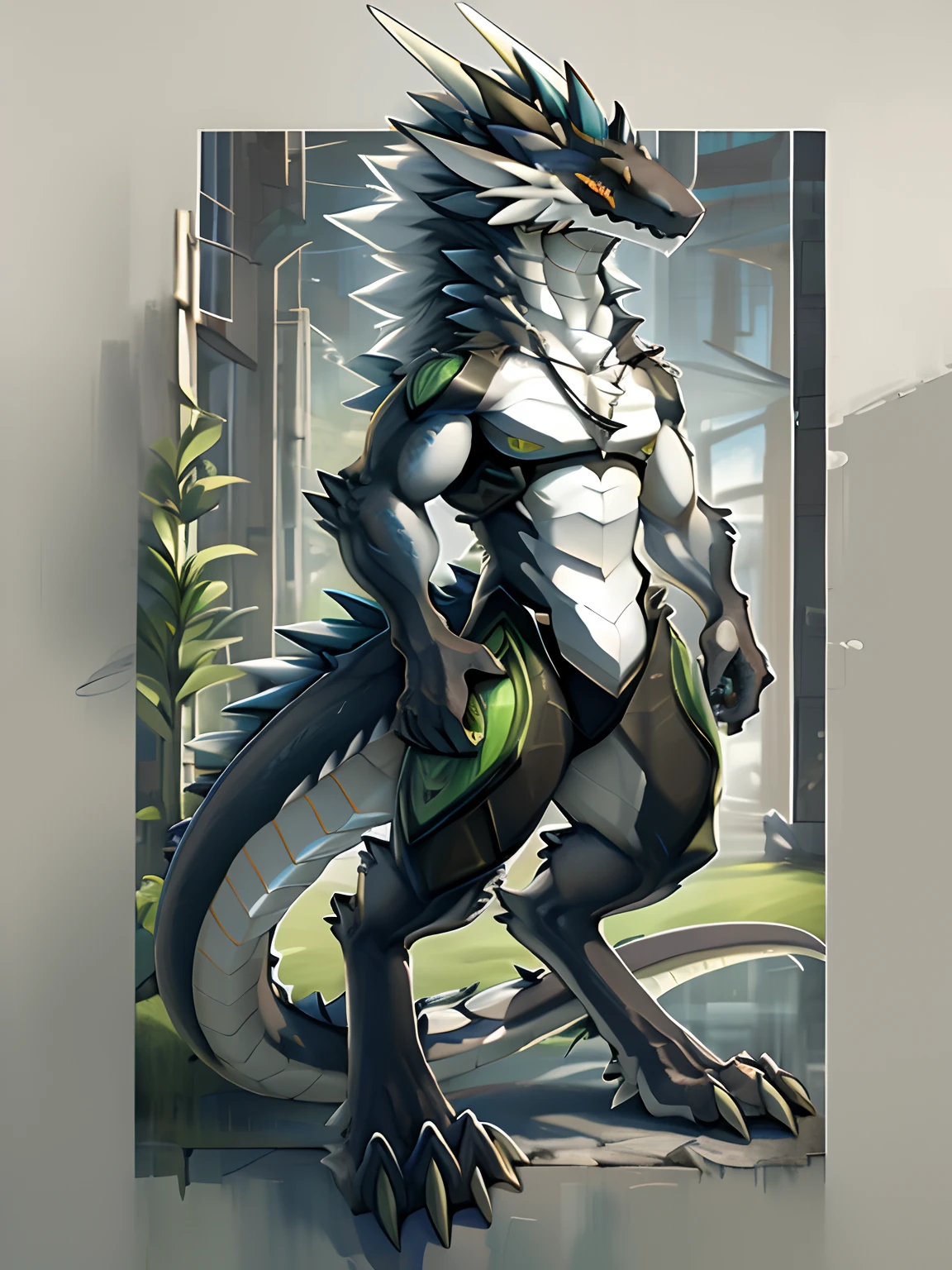 (Masterpiece), (Excellent), (Extremely fine), White dew, Square, Dragon tail horn、drak、Smooth scales、Smooth skin、dragon pupils，detailed full body，full body detailed