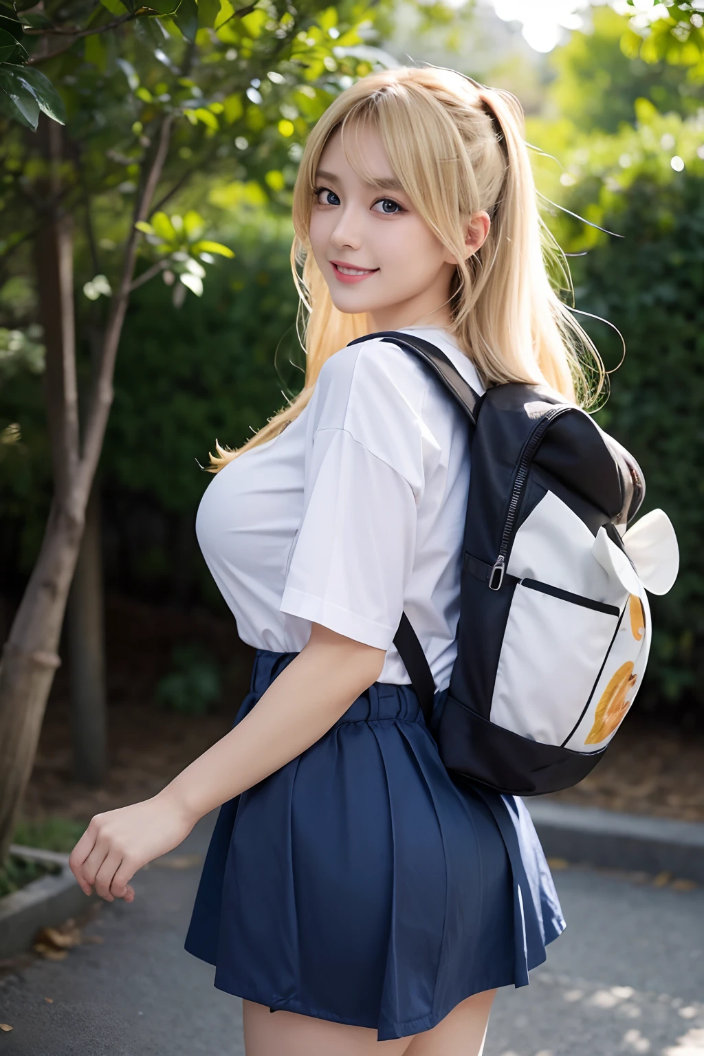 akizuki airi. oni chichi, Masterpiece, Best quality, Super detailed, illustration, Flat color, Depth of field, , , 1 girl, anime big breast, Go home, whole-length, Blonde, double tails, looking at viewert,, Horse face skirt, serafuku, Small backpack, Detailed fabric texture, Beautiful detailed face, Blue eyes, Tired, A sweet smile