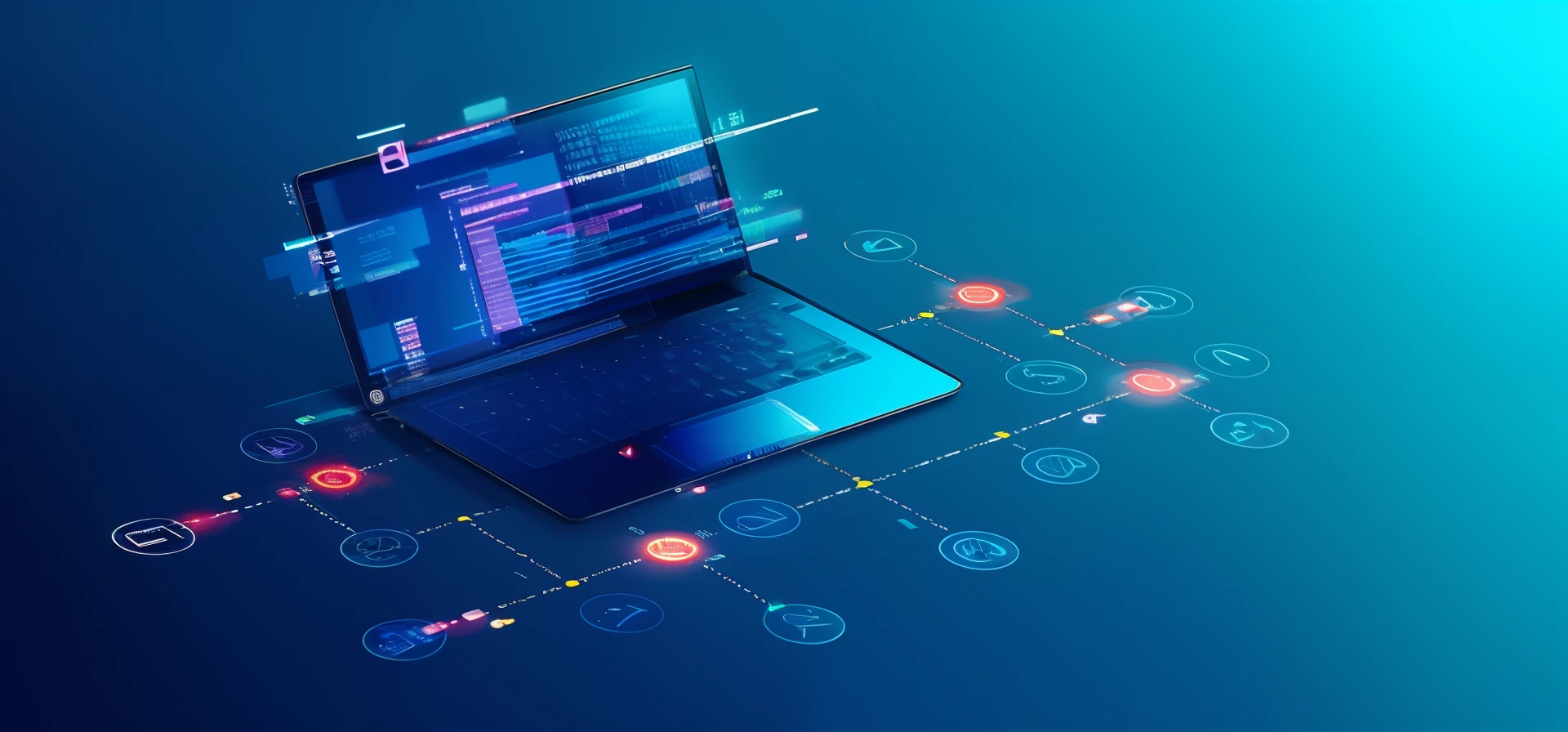 Alpha image of laptop with blue screen and icons, computers and holograms, computer render, Stunning graphics, programming, it specialist, best on adobe stock, Cyber architecture, computer science, integrating with technology, Illuminated computer screen, on a dark background, take control of your data, Encode time, Technological, Advanced technology