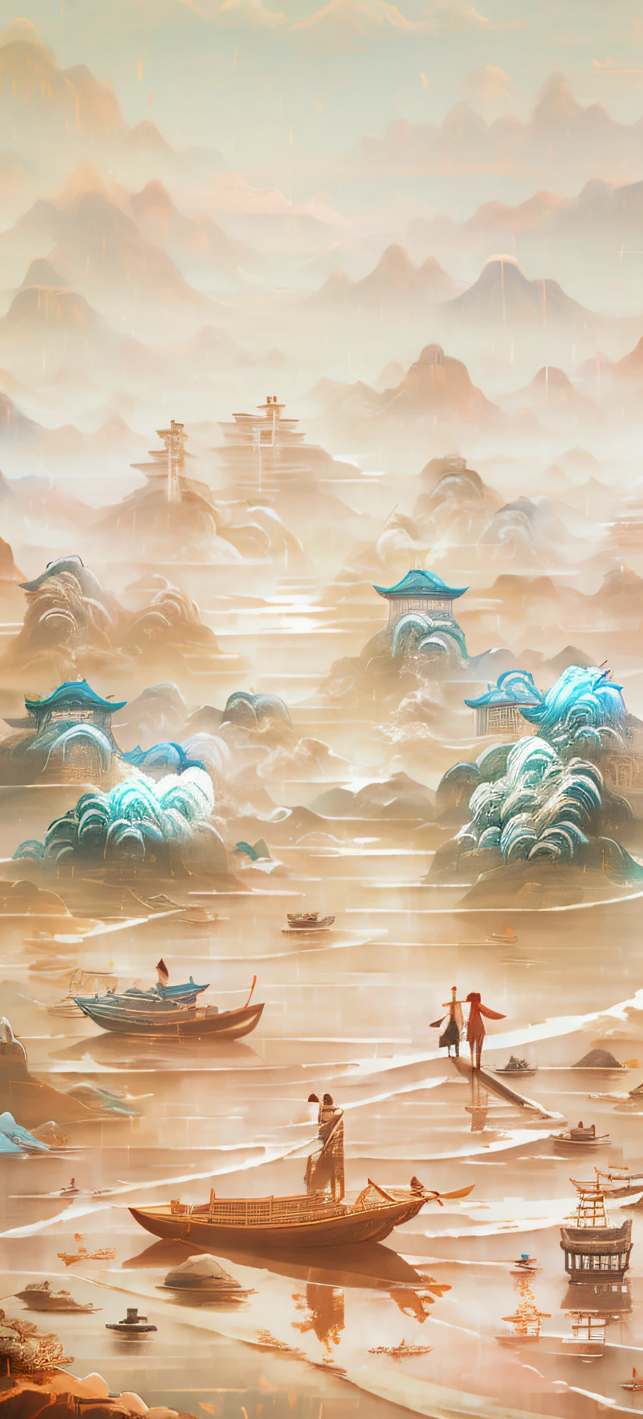 Draw two people walking on the beach，There is a boat on board in the water, Inspired by Ma Yuan, A beautiful artwork illustration, Onmyoji detailed art, Detailed scenery —width 672, dreamlike digital painting, Chinese landscape, background artwork, avatar landscape, landscape artwork, Chinese watercolor style, serene illustration, Sand desert fantasy
