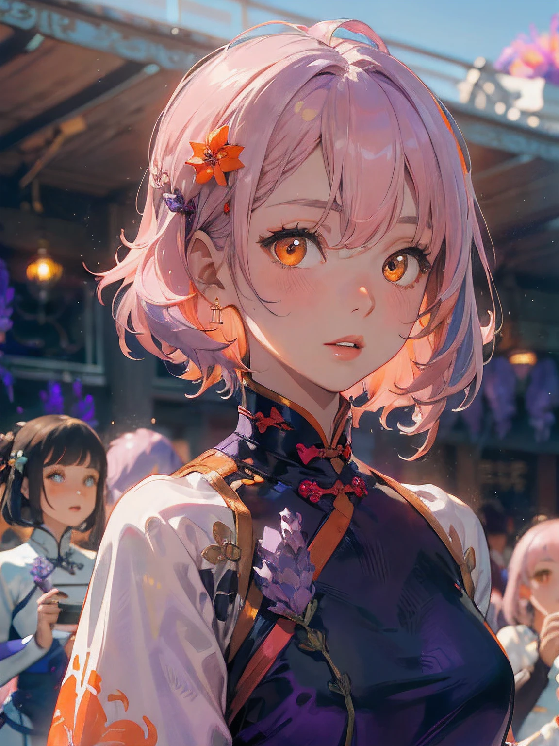 a 19 yo girl , (( Light Pink Hair:1.5)), (hi-top fade:1.3) , dark themed , Muted Tones , Subdued Color , highly contrast , (natural skin textures , Hyper-Realism , Soft light , sharp) , ((Lavender Purple innovative ao dai:1.5)) , (Secondary colors of innovative ao dai clothes is Vista Blue) ,( Pink Lavender lotus shaped hair clip ), (Sky Blue accessory) , (((shoulder-length hair)) , focus on the face , opposite shot , full head , upper body , (bright orange eyes:1.5) , clam , close lips