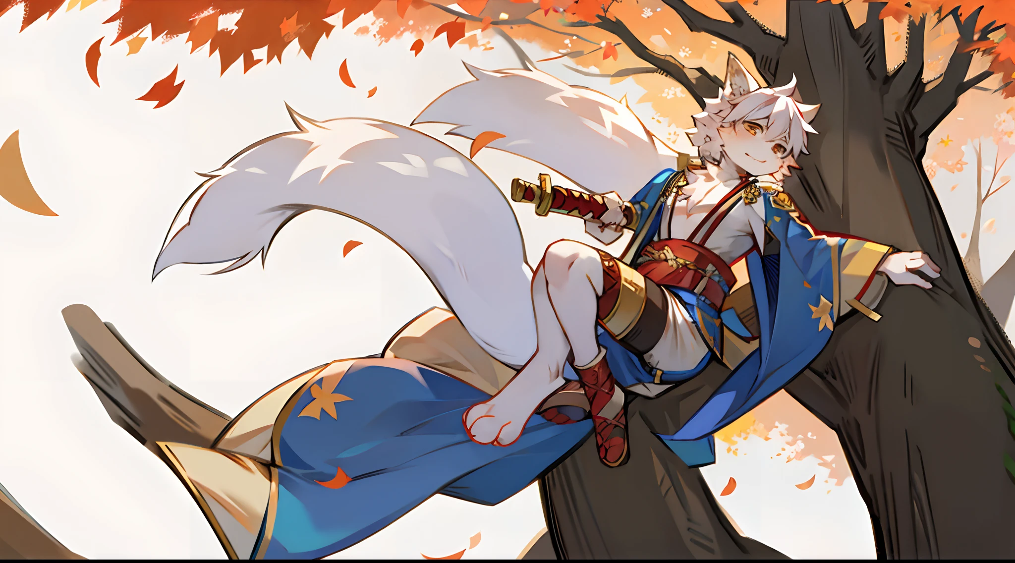 Furry male in Hanfu,Holding a long sword,Leaning against a big tree,Falling leaves