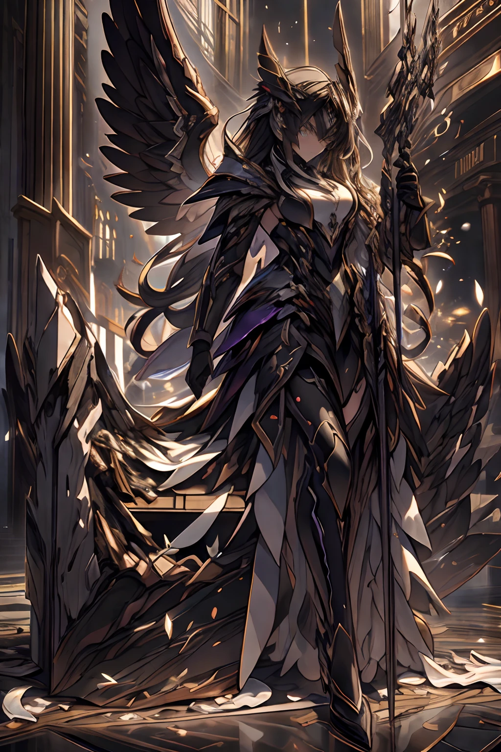 aura,purple lightning,condense energy in hands,, masterpiece, 4k, absurdres,yugioh style yugioh monster glowing outline ,whirlwind of feathers background,black wings,dark clouds,purple lightning,, highly detailed CG unified 8K wallpapers, 8k uhd, dslr, high quality, (anime girl in black armor, glitchy glitching, black hair, M4rbleSCNEW, holding bow and arrow, on knees, in cathedral, stain ed glass windows, cinematic lighting, tears going down face,