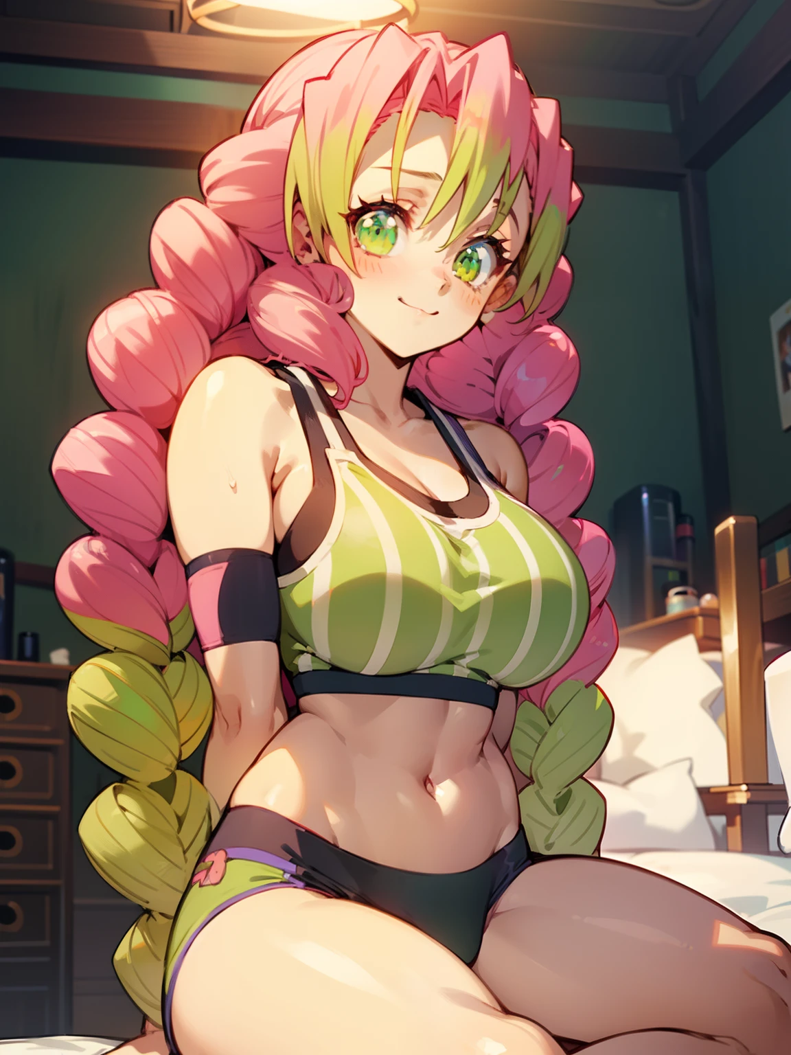 1girl, Anime girl with long hair, anime moe art style, Anime visuals of cute girls, Anime Best Girl, pretty anime girl, Smooth Anime CG Art, Seductive Anime Girl, charming anime girls, Cute anime girl, Shining eyes, massive boobs, mitsuri, (((sports bra and panties))), smile, pink hair, green hair tips, green eyes, thick thighs, close up, bedroom, warm light