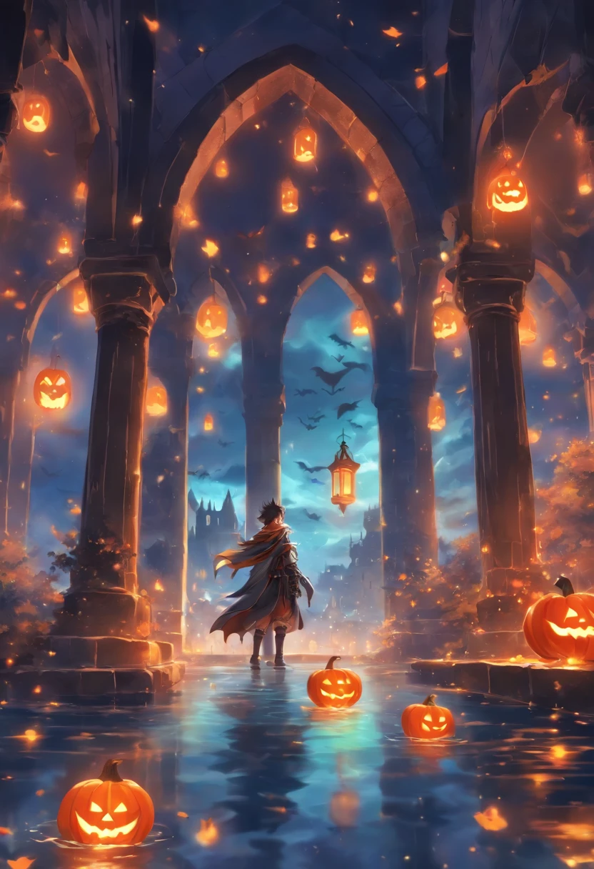 Halloween floating lights, cinematic light and reflections, Glowing lights, Intermediate metaverse elements，Digital painting, glowing reflections, Pondering, Halloween Jack Lantern, calm evening, Digital illustration, Beautiful atmosphere, Skylight at night, Peaceful evening atmosphere, Jack-o'-lantern, Halloween, the night, themoon, game scenes, Halloween, Surrounded by clouds, Architecture of medieval Europe, glazed tiles, European Union, Gorgeous colors, There are three arches in the foreground((Color ink)), ( (Splash ink ) ), ((Splash ink) Inky})), tmasterpiece, high qulity, Beautiful graphics, high detal,magnifica,1boy