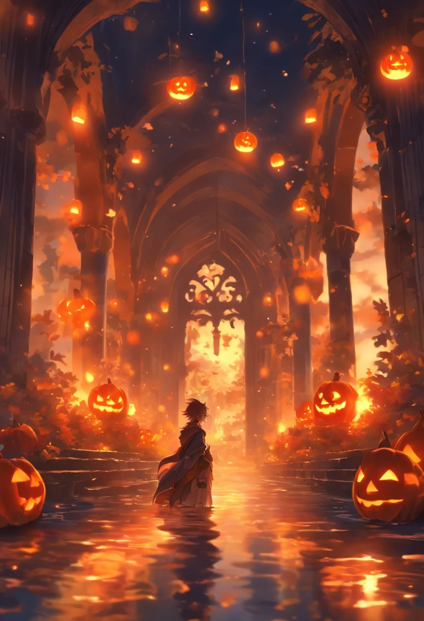 Halloween floating lights, cinematic light and reflections, Glowing lights, Intermediate metaverse elements，Digital painting, glowing reflections, Pondering, Halloween Jack Lantern, calm evening, Digital illustration, Beautiful atmosphere, Skylight at night, Peaceful evening atmosphere, Jack-o'-lantern, Halloween, the night, themoon, game scenes, Halloween, Surrounded by clouds, Architecture of medieval Europe, glazed tiles, European Union, Gorgeous colors, There are three arches in the foreground((Color ink)), ( (Splash ink ) ), ((Splash ink) Inky})), tmasterpiece, high qulity, Beautiful graphics, high detal,magnifica,1boy