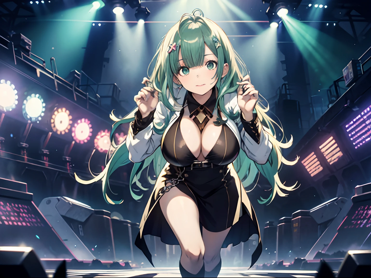 In the mansion，one-girl，（full body1.5）full bodyesbian，(shift dresses)，(Raise your arms)((Invitation 1 in hand.2))Green hair, Blunt bangs, Hairline, clover hair ornament, Star-shaped pupils, Makeup, Daoyagao, V-shaped eyebrows, anime big breast, character sheets, anime big breast, Cinematic lighting,  8K, Best quality, A high resolution，
