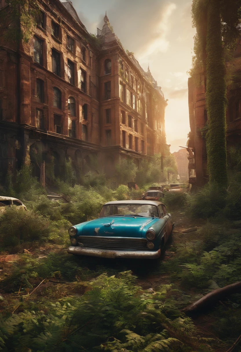 Bereich anzeigen 3d verlassene Stadt(Ney York).,famous monument ,post-apocalyptic world abandoned cars vegetation next to buildings destroyed building plane crashed