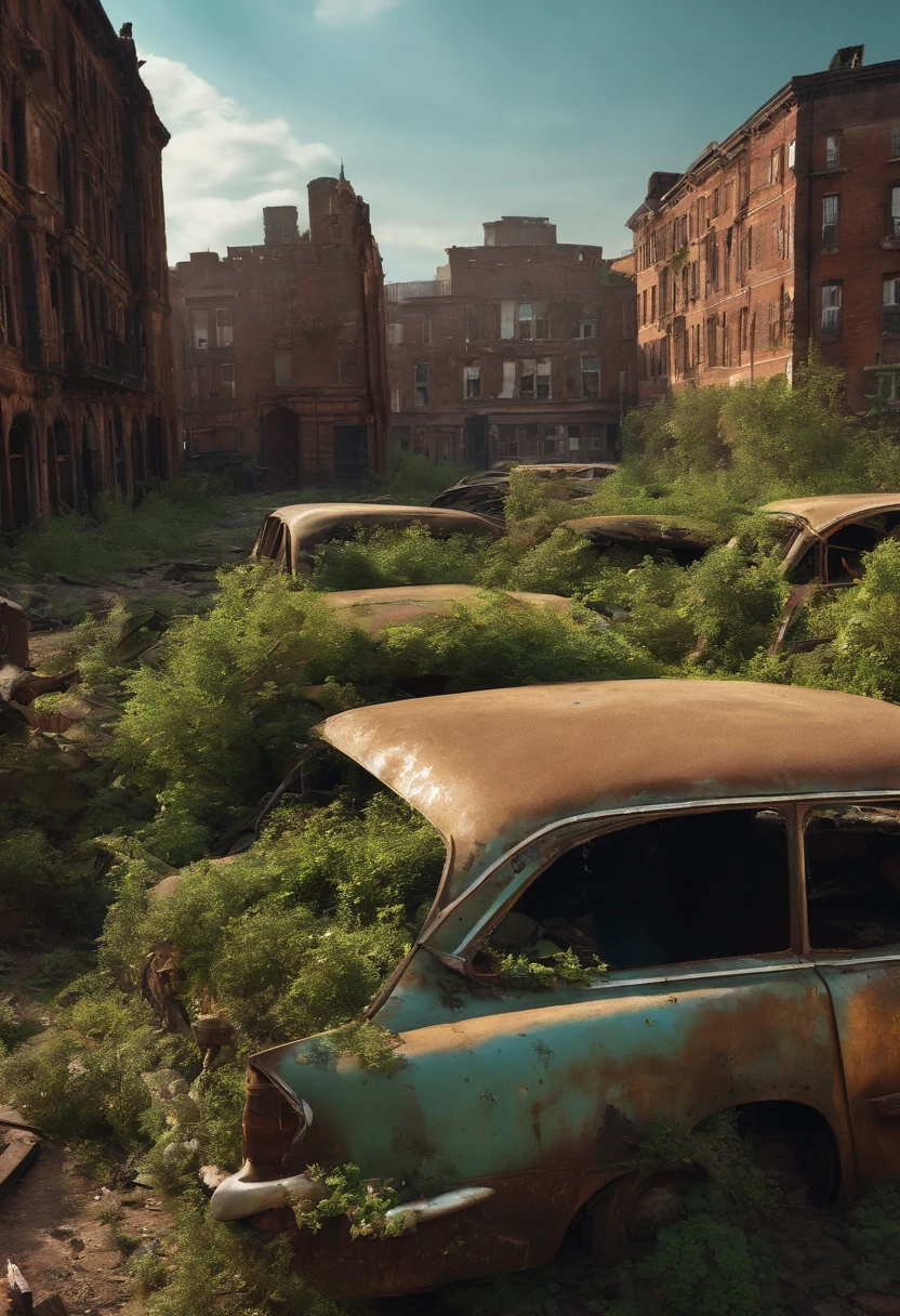 Bereich anzeigen 3d verlassene Stadt(Ney York).,famous monument ,post-apocalyptic world abandoned cars vegetation next to buildings destroyed building plane crashed
