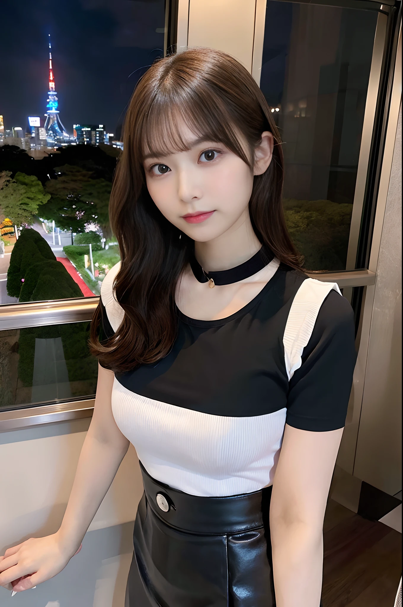 An ultra-high picture quality 4K picture quality 8K picture quality huge tit g-cup big breasts round breast beutiful breast 22year old japanes Brown hair short hair Beautie unclear a with round face Height 150 cm skinny legs Two arms Wearing a white shirt with a collar that shows the bulge of the chest The crotch is hidden by a black miniskirt Standing in a luxury hotel room looking straight at me There is a window in the back where you can see the night view of Tokyo Tower Idol nogizaka