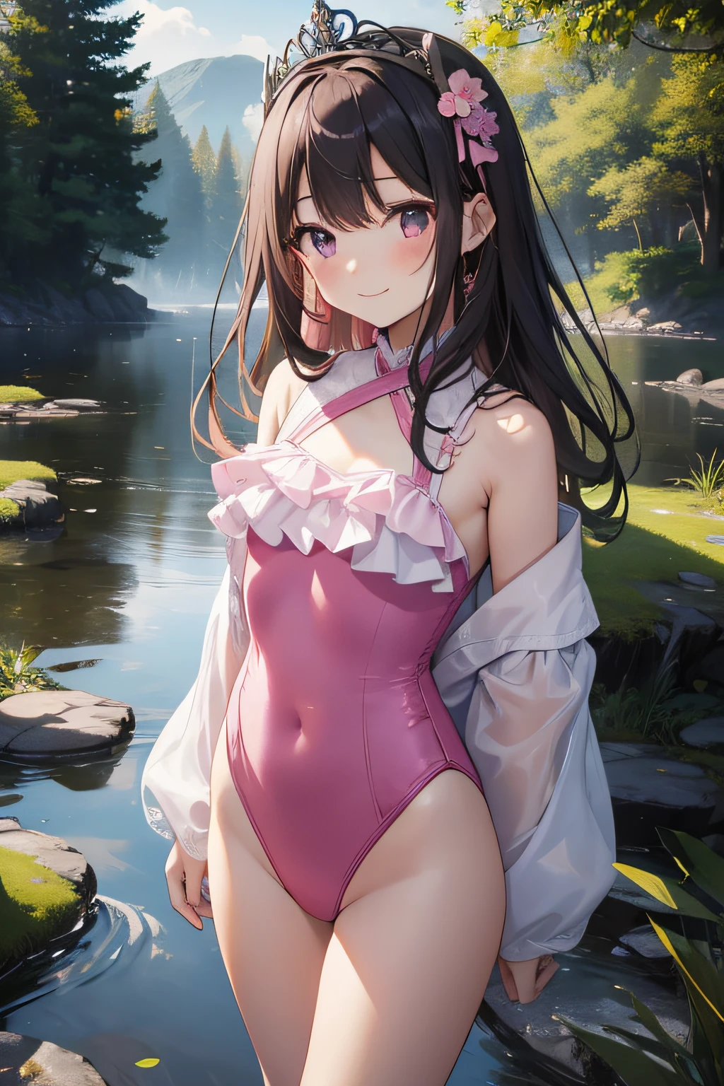 top-quality、extremely delicate and beautiful、Soio、Soio、8-year-old 、japanes、Lori、Chiquita、elementary student、A dark-haired、((Pink leotard))、(highleg)、Tiara on the head、A smile、is standing、Facing the front、Pond in the background、the woods、cherry trees