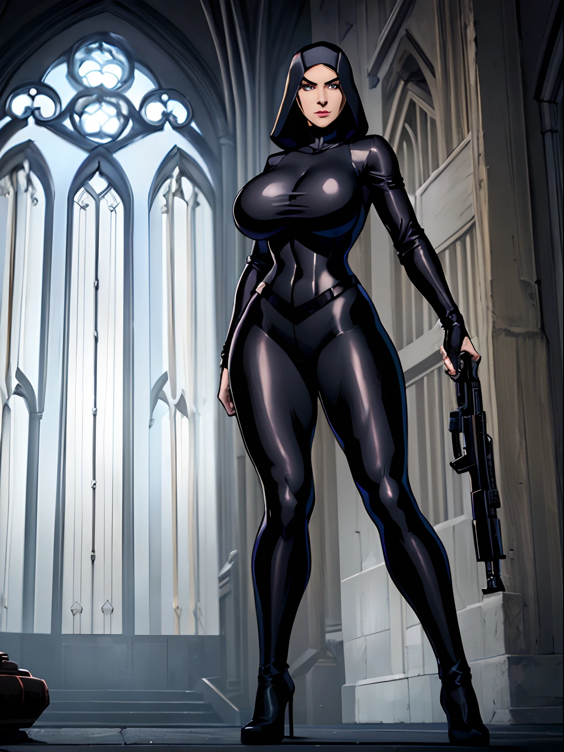 (masterpiece, top quality, best quality, official art, beautiful and aesthetic:1.2), (1girl:1.3), light freckles, fair skin, extremely detailed, portrait, looking at viewer, solo, (full body:0.6), detailed background, close up, (dark gothic theme:1.1), nun with guns, charlatan, smirk, mysterious, swaggering through cathedral, modest attire, black habit, cowl, nun hood, wimple, thigh-high boots, bodysuit, leotard, corset, leather straps, ammunition pouches, long boots, submachineguns, SMGs, MP5s, thigh pouches, holsters, garters, ((((narrow hips, slim sexy body, gigantic breasts)))), slim waist, slim hips, long legs, modern (cathedral exterior:1.1) background, dark mysterious lighting, shadows, magical atmosphere, dutch angle,