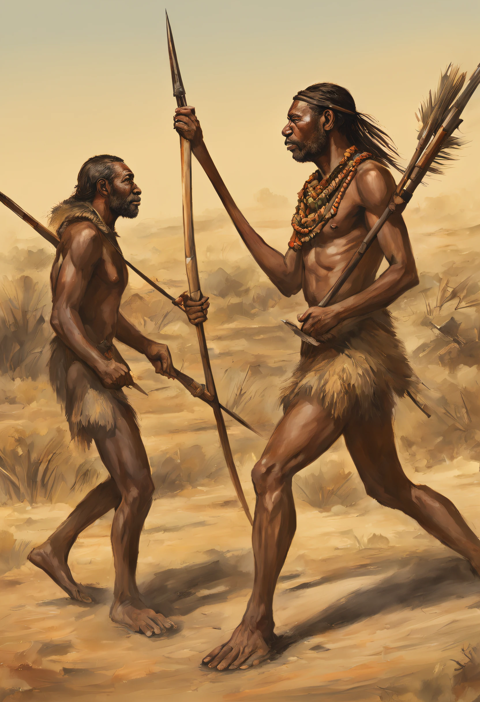 Certainly, here's a prompt related to anatomically modern humans engaged in hunting:

"Picture a small band of anatomically modern humans, our early ancestors, stalking prey in the African savannah. Armed with primitive spears and bows, their mastery of tools is evident in the coordinated precision of their hunt. Their upright posture, keen eyesight, and communal strategy set them apart as skilled hunters. As they close in on their quarry, their persistence and ingenuity exemplify the traits that would allow our species to become the dominant force in the natural world. This moment marks a crucial step in the development of human culture and survival."