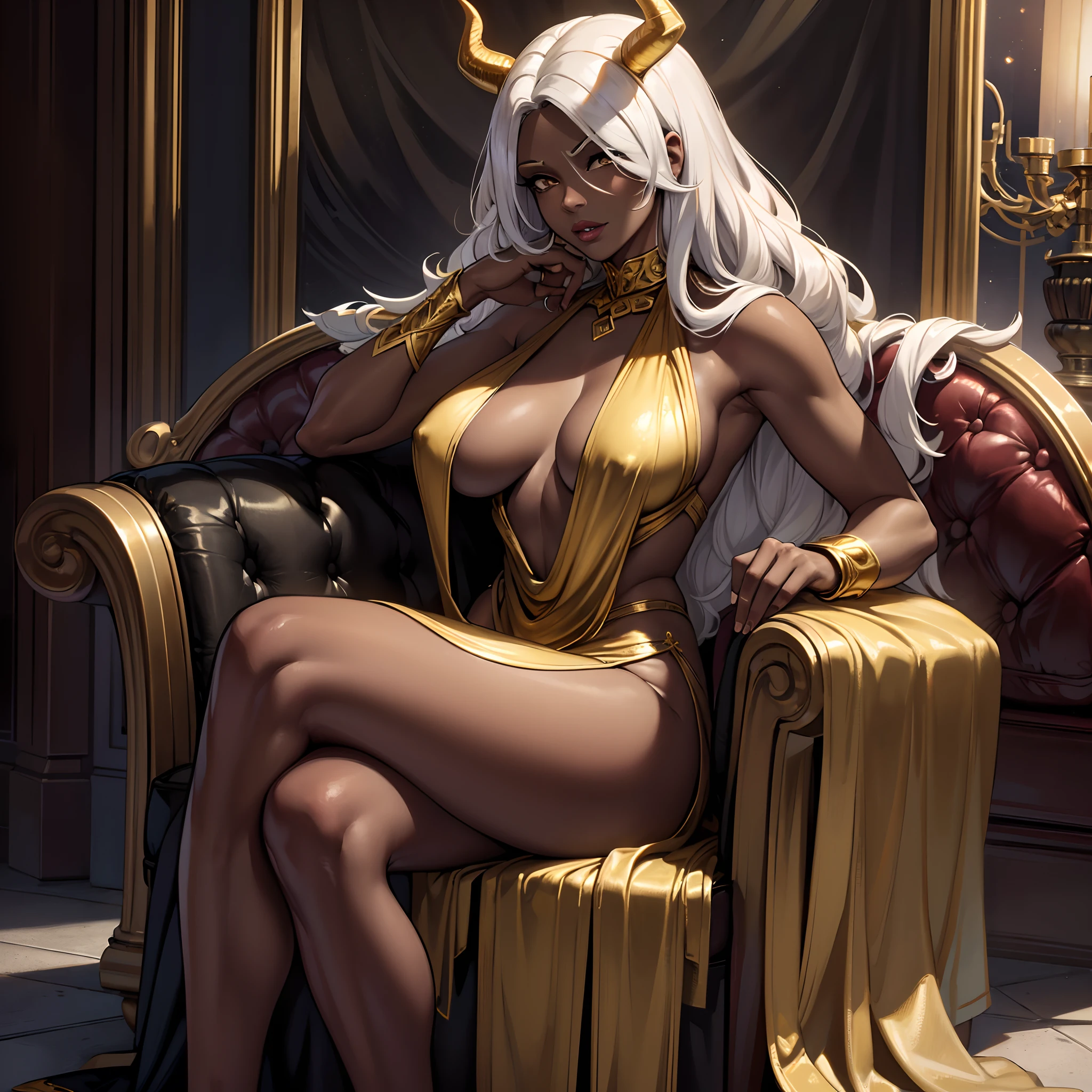 (best quality,4k,8k,highres,masterpiece:1.2), ultra-detailed, (realistic,photorealistic,photo-realistic:1.37), mature ebony-skinned female with long flowing silver hair, wearing a golden gilded form-fitting skimpy golden dress, curvy, has large black demon wings, has demonic horns, alluring gaze, dark skin tone, ebony skin tone, golden dress, dress made of gold, alone, solo, (ALONE)(SOLO), sitting on throne