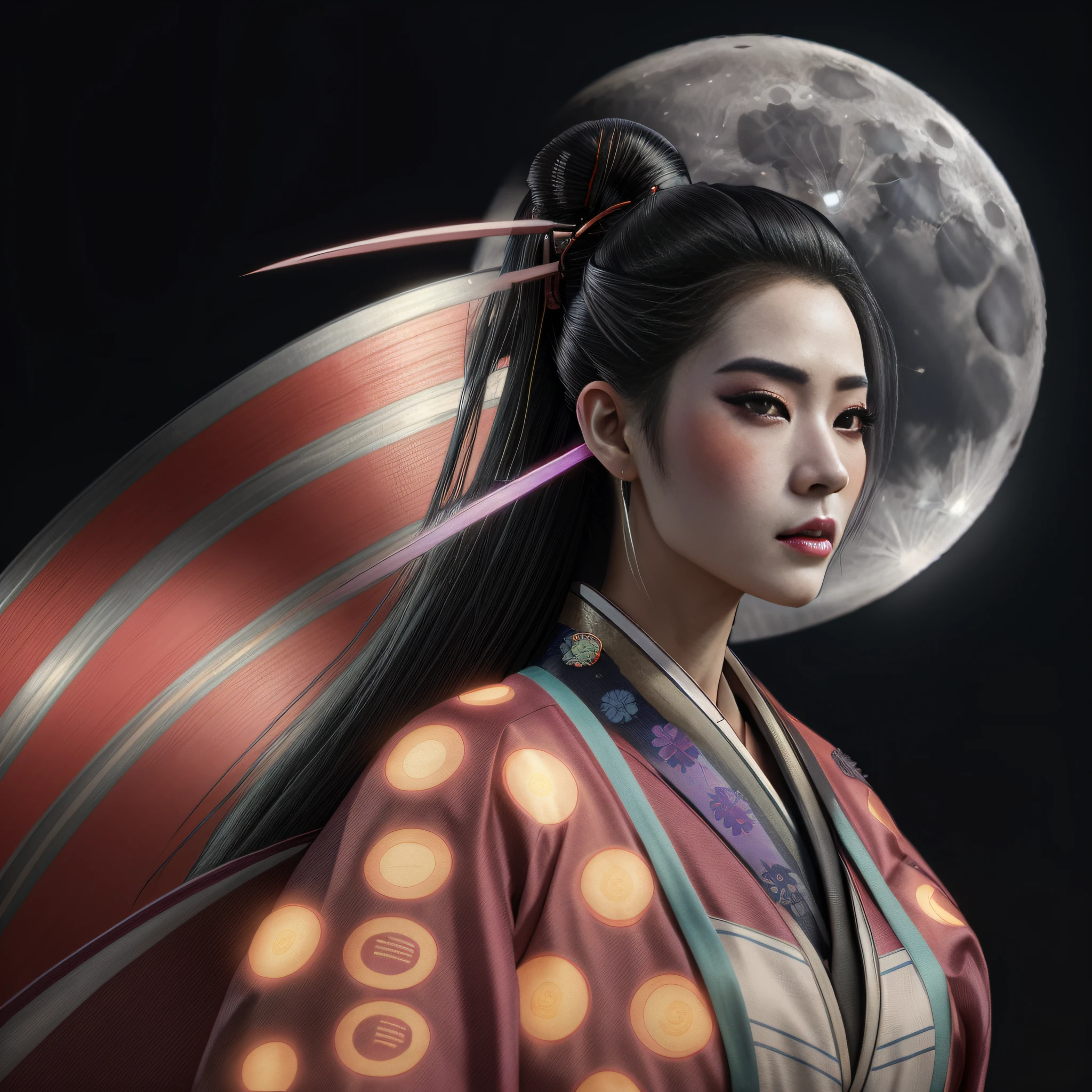 Geisha with full moon in the background, cyberpunk geisha, inspired by Cyberpunk 2077, beautiful, stunning futuristic artwork, beautiful cyberpunk samurai geisha, onmyoji portrait, beautiful futuristic character painting, onmyoji detailed art, portrait of a cyberpunk warrior geisha, beautiful illustration digital, a beautiful art illustration, inspired by Blade Runner 2049, portrait of futuristic Mulan.