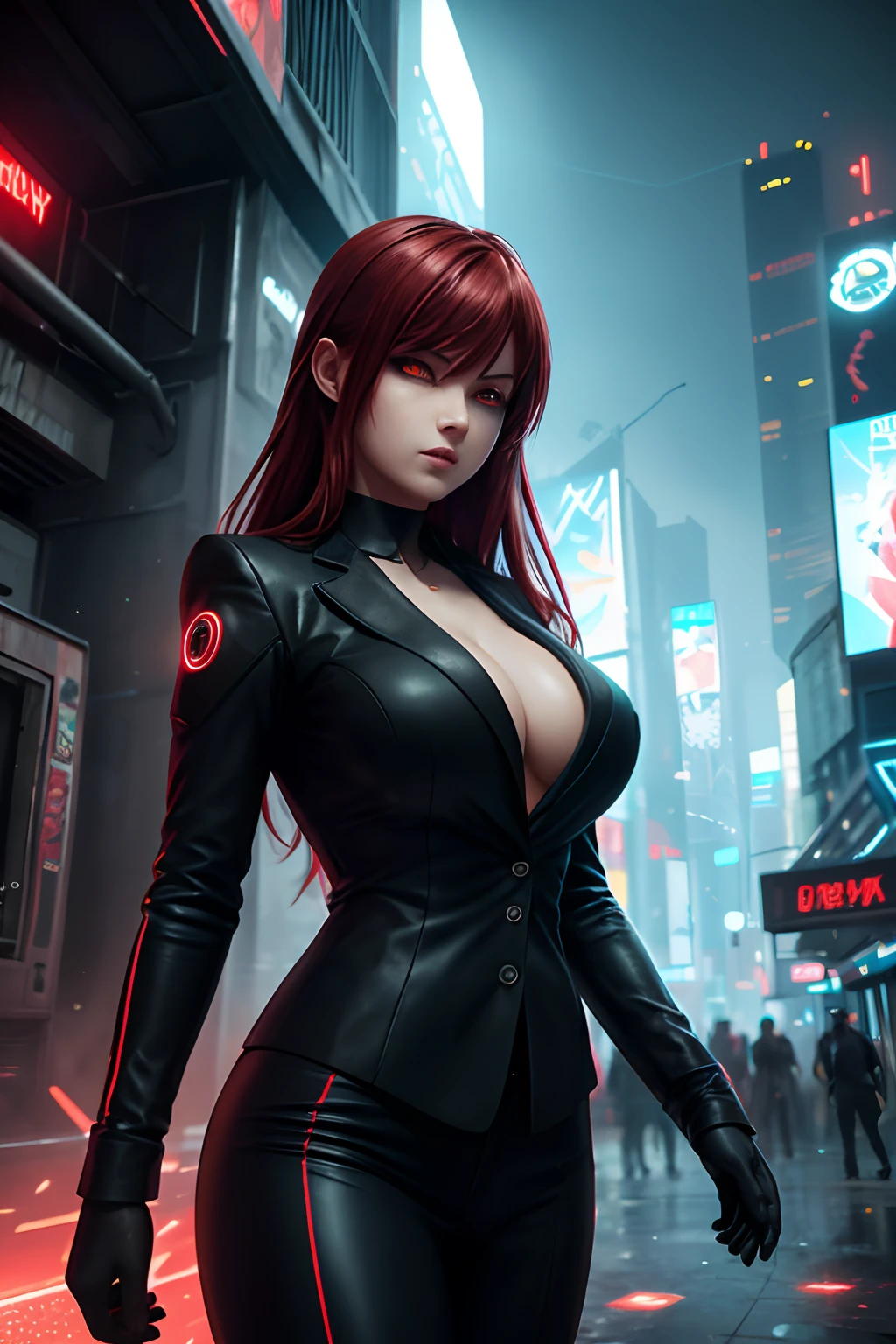 16K, HDR, RTX, raytracing, natural lighting, absurdres, best qaulity masterpiece, perfect ??????? highly detailed face, detailed eyes, 1girl, solo, wearing black business suit, grey shirt, top button open, beautiful red hair, big breast size, focus on face details,  perfect body, extremely beautiful, edgy, cool, evil aura, windy, glowing eyes, serious expressions, dystopian city, futuristic, detailed background, award winning, neon lights, trending on art station