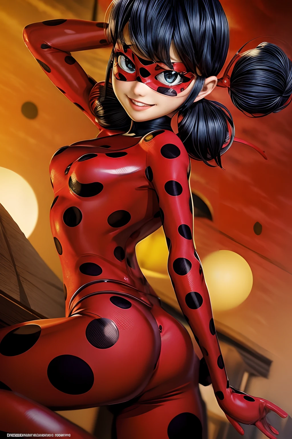 ladybug, twintails, polka dots outfit and mask, bemt over, round butt,