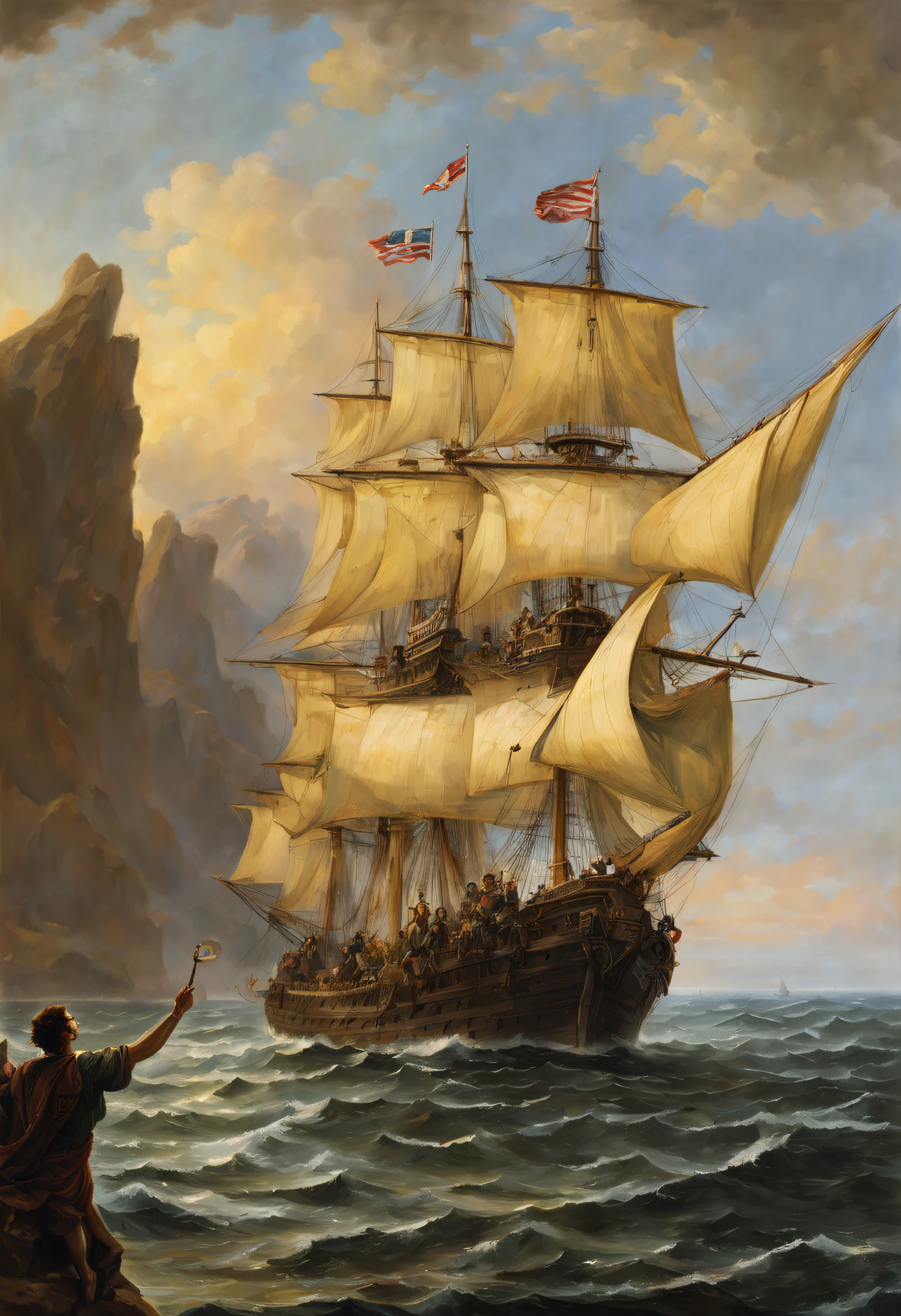 "Envision Christopher Columbus, the intrepid explorer, standing on the deck of his ship, the Santa Maria, as it embarks on the fateful journey to the New World. The year is 1492, and the vast expanse of the Atlantic Ocean stretches before him. Columbus's gaze is a mixture of determination, curiosity, and uncertainty as he sets sail on this epochal expedition. His three ships, the Santa Maria, the Pinta, and the Niña, are silhouetted against the horizon, symbols of human ambition and the spirit of discovery. This moment captures the dawn of a new era in history, where continents would be connected and the world forever changed by the Age of Exploration."
