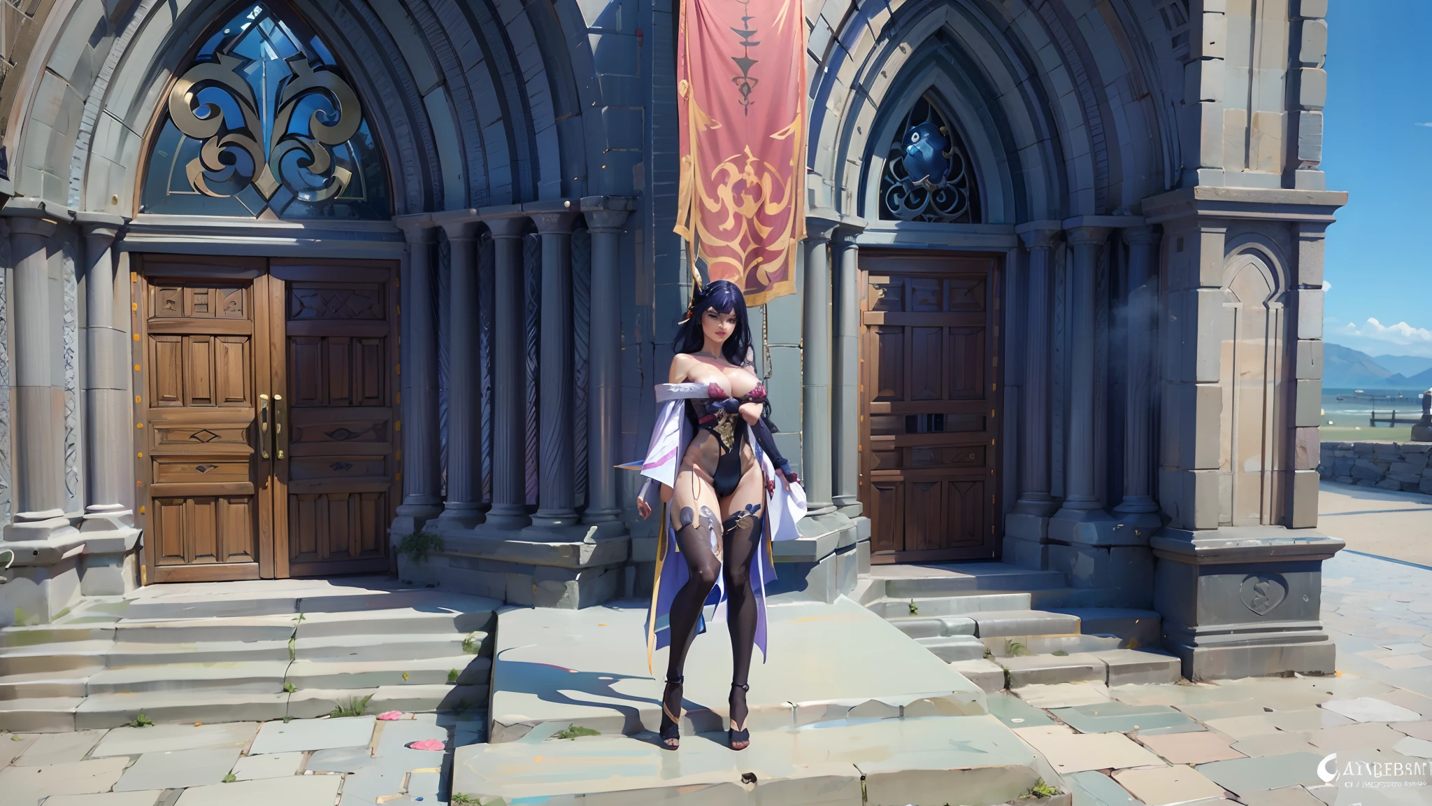 ((Raiden Shogun- Impacto Genshin)), ((corpo muscular muito definido)), ((cabelo roxo)), ((Tanga)), ((Rear view)), ((Butt for the camera)), ((Princesa guerreira angelical)), ((segurando arma e escudo)), ((lightnings)), ((usando coroa)), ((camelo)), ((camelo)), master part, best quality, ((Realistic)), ((1 pessoa)), qualidade de imagem 8k, extremamente delicado e bonito, magnifica, Official art with attention to detail, Ridiculous, unbelievable Ridiculous, tamanho de arquivo enorme, ultra-detalhada, altamente detalhado, (beautiful young lady), ( detalhada),, ((figura feminina perfeita)), cintura fina, Cover your chest with your hands, ((tatuagens por todo o corpo)), With a powerful presence, Your body decorated with a unique blend of abstract and realistic designs, Arte Digital, Altgerm, hiper detalhes, Top Fade, cowboy shot, fantasia sombria,