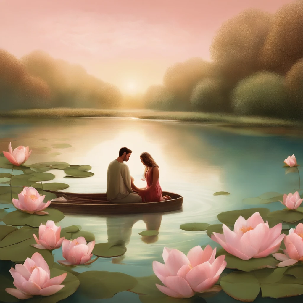 Album Cover Design Ideas:
1. **Background with**:
-feature: A quiet pond with a fine mist. In the center of the pond floats a piece or two of flower petals. Under the cloudy sky, the water surface of the pond reflects like a mirror, illuminating the surroundings.
2. **Central figure**:
-feature: A man and a woman sit in front of a pond. They look at each other and have warm feelings in their eyes. The man is tapping into the woman's eyes so that she doesn't see the tears in her eyes., The woman gives a grateful smile to the man.
3. **Detail**:
-feature: Between the two is a small gift box and a bouquet of flowers. Gift boxes and bouquets symbolize a change of heart and the feelings of love they want to give to each other.
4. **Colors**:
-feature: Harmony of warm tones throughout. The water in the pond is reflected in the glow of the sunset,, The surrounding landscape is painted in light green and brown. The two figures in the center are dressed in light pink and turquoise, giving the impression that they are gently embracing each other.
summarization:
This album cover is about love and gratitude, And we try to express the feelings we want to give to each other in a quiet and warm atmosphere.